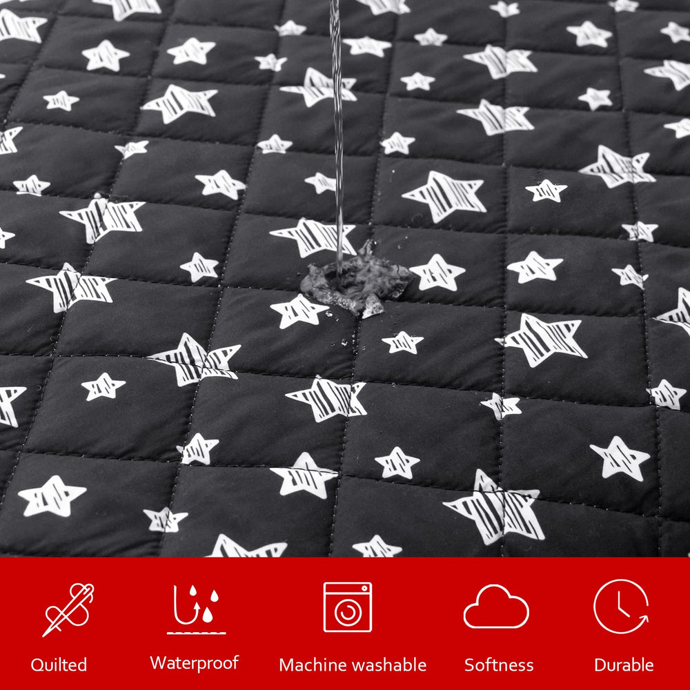 Moonsea waterproof dog bed cover side view showing star pattern and edge elasticity.
