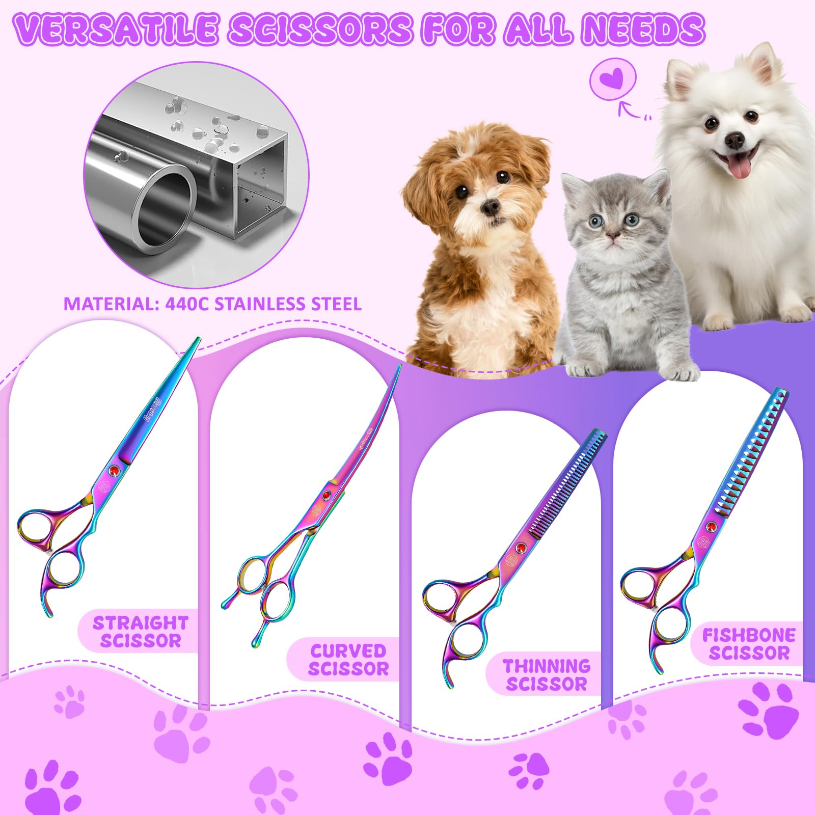 Moontay 7-inch chunkers for controlled thinning in dense fur.