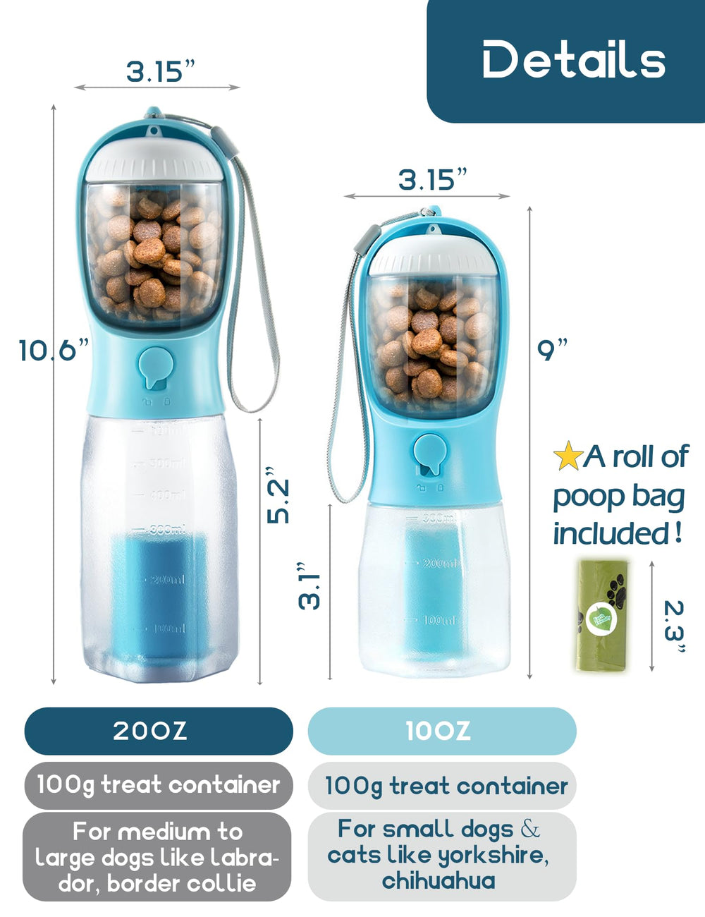 MoonyMars all-in-one blue bottle suits hiking and travel for large dogs.