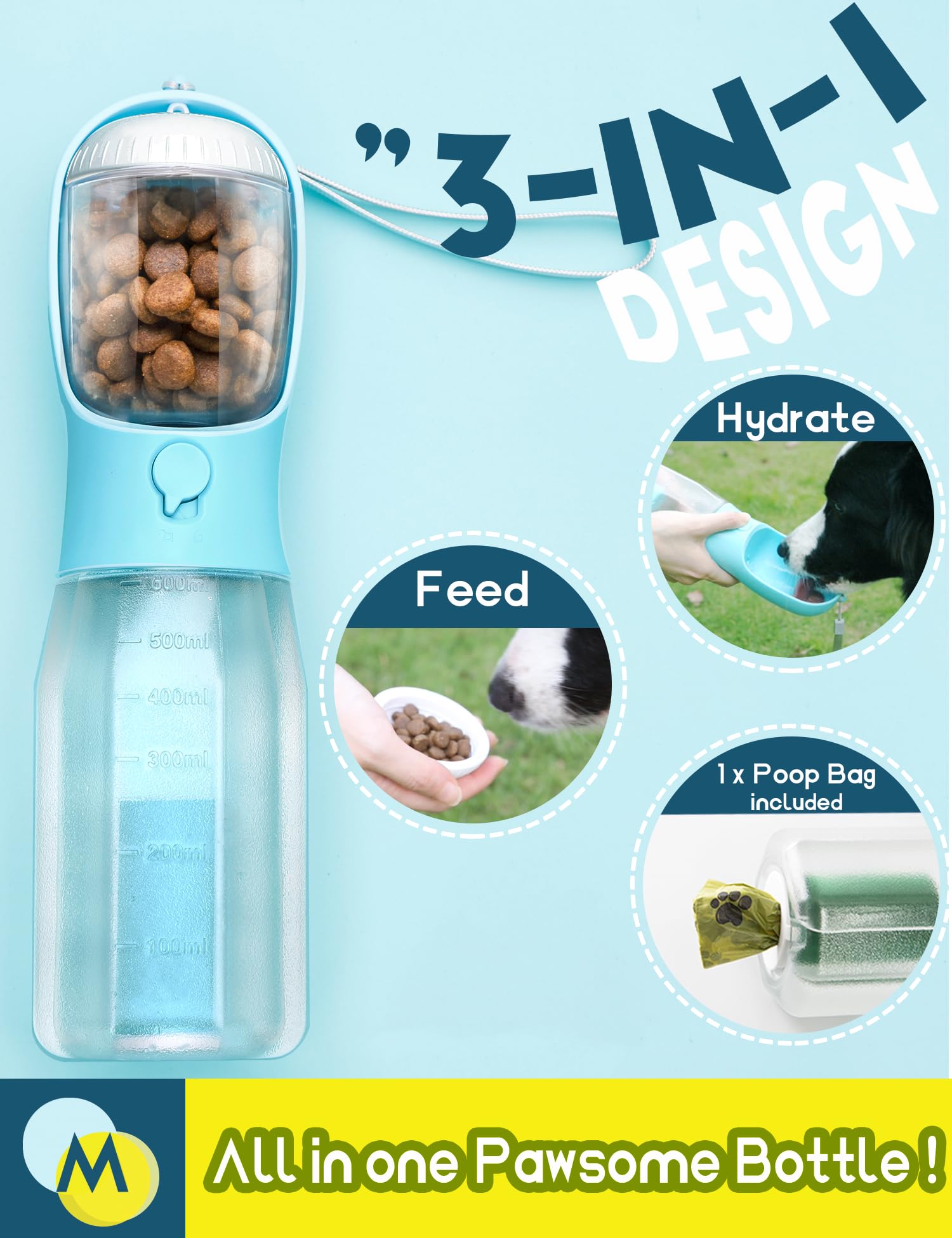 MoonyMars snack compartment with dog bowl, blue, enables quick rewards during walks.