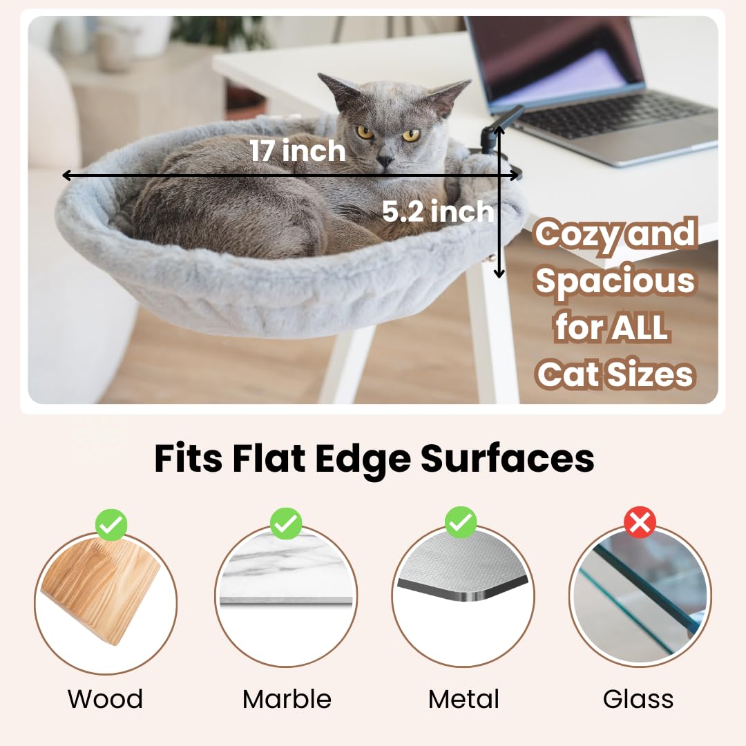 Moose Cozy cat desk perch keeps cats close without interrupting work.