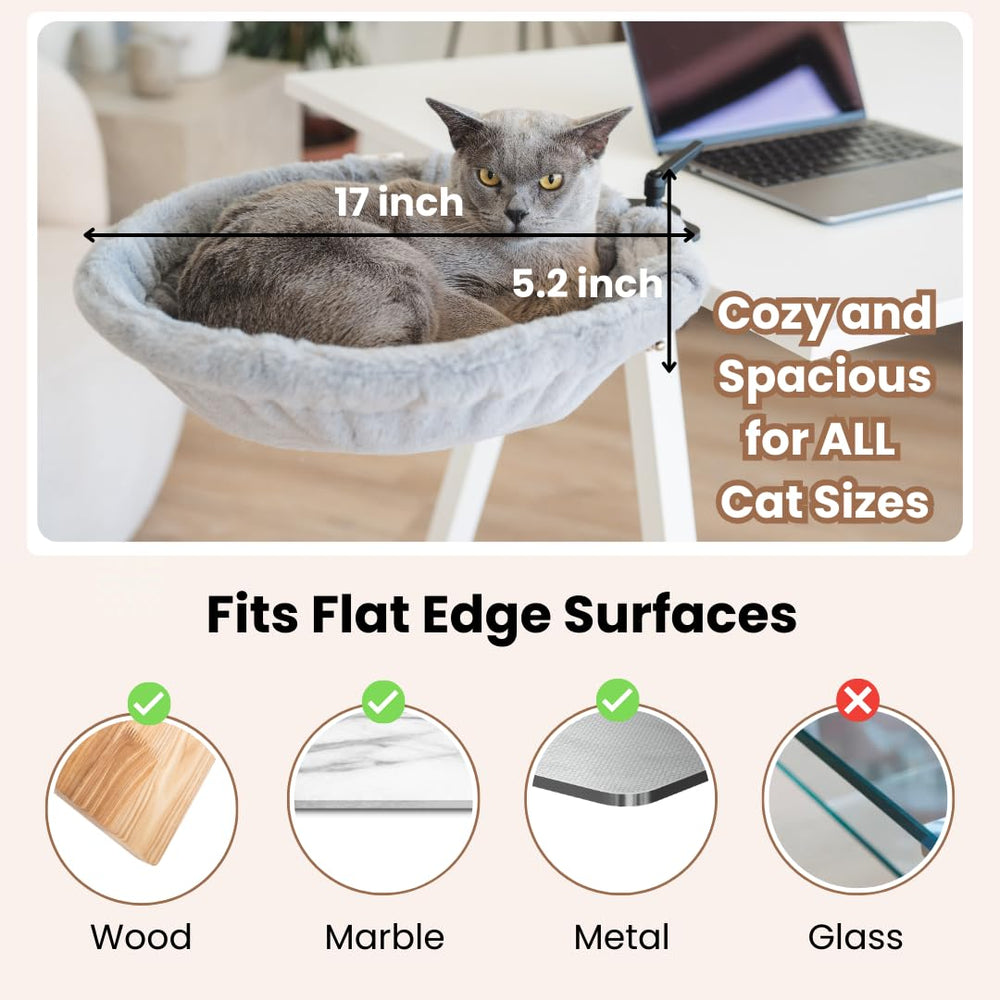 Moose Cozy cat desk perch keeps cats close without interrupting work.