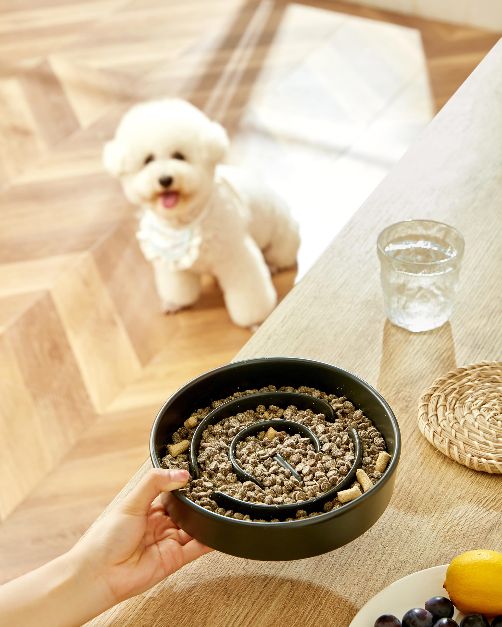 MOPANG ceramic slow feeder bowl shows 30 oz capacity for medium dogs.