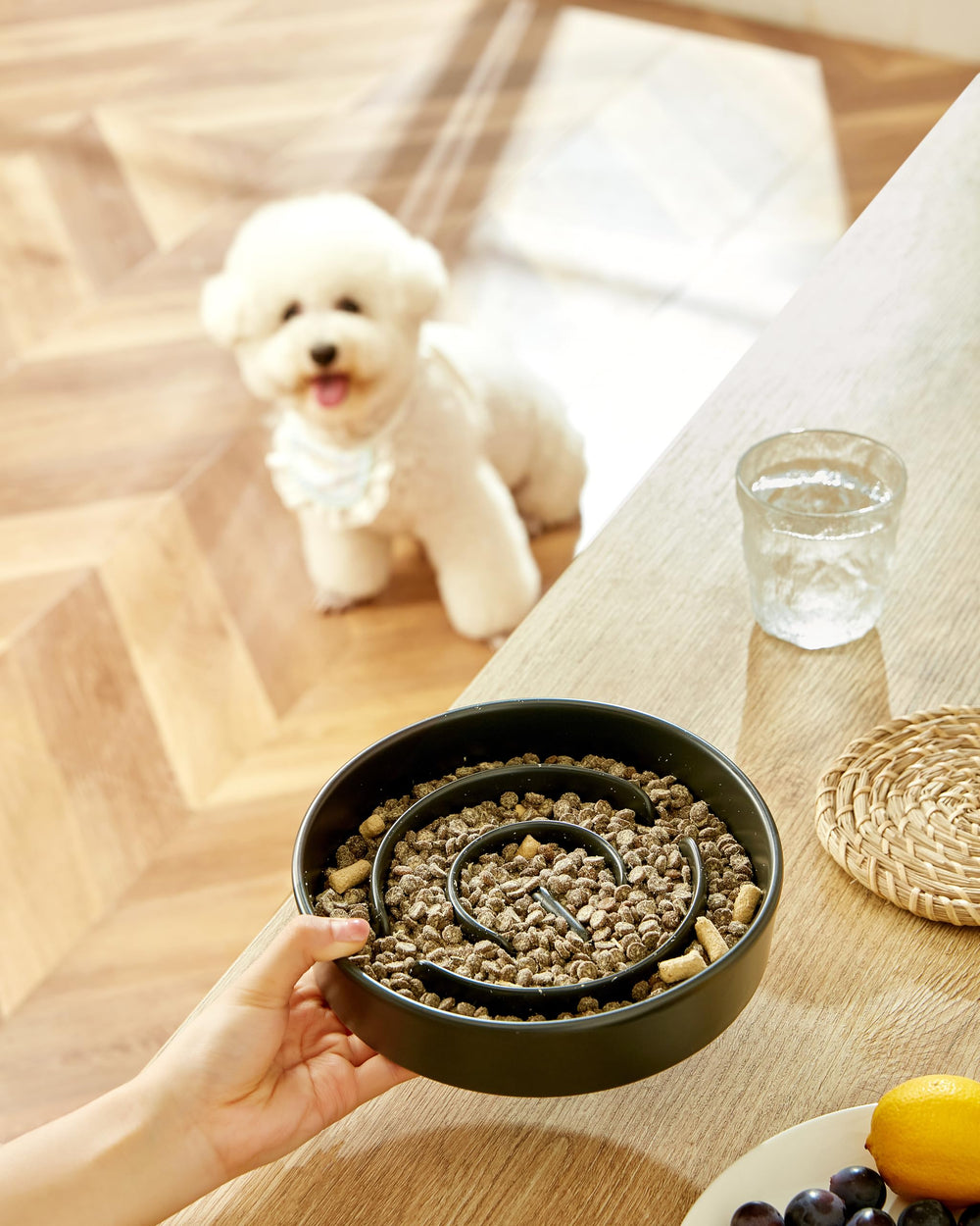 MOPANG ceramic slow feeder bowl shows 30 oz capacity for medium dogs.