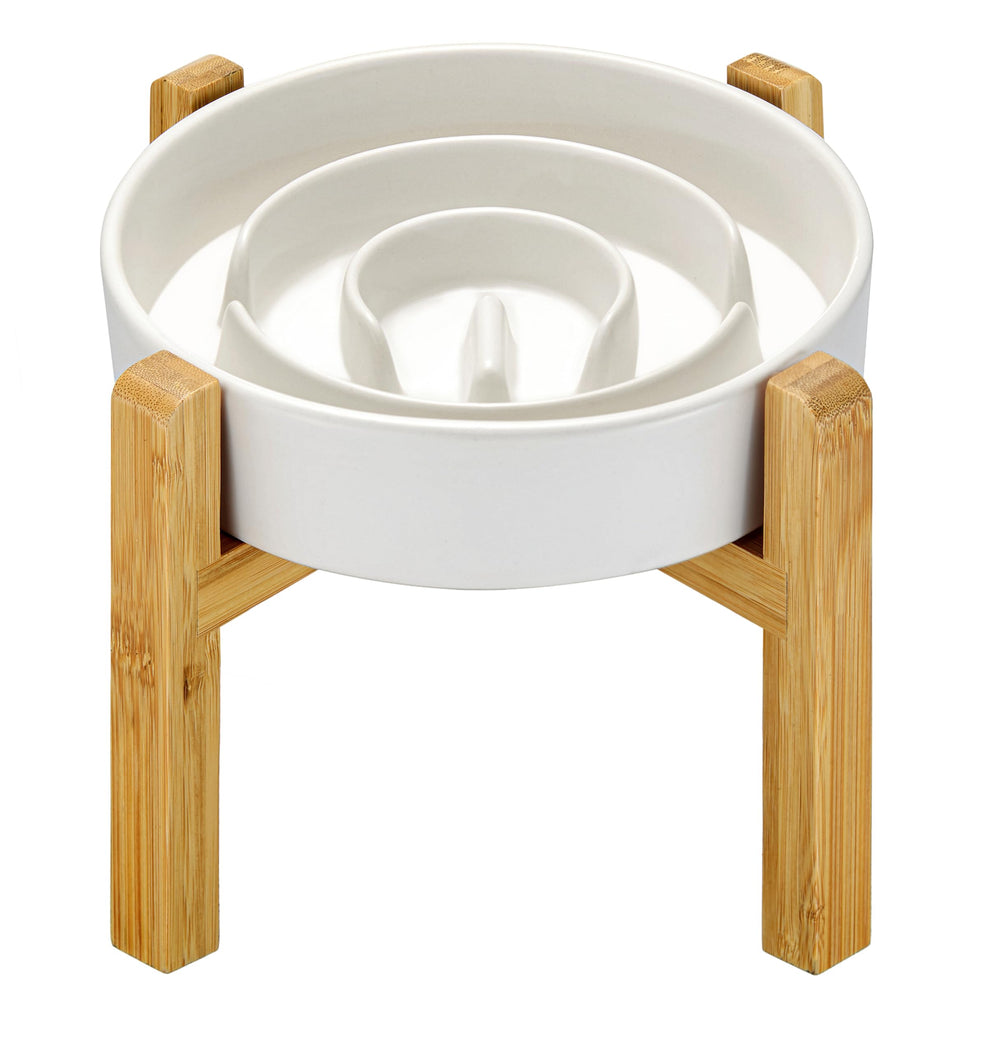 MOPANG ceramic slow feeder bowl, 8in white, promotes mindful eating for medium dogs.