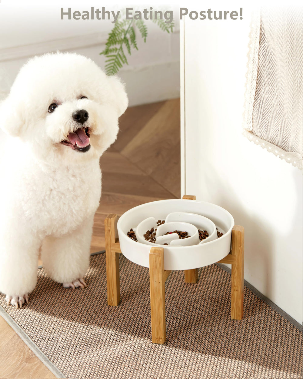 MOPANG elevated slow feeder bowl, 30oz white, supports comfortable mealtime posture.