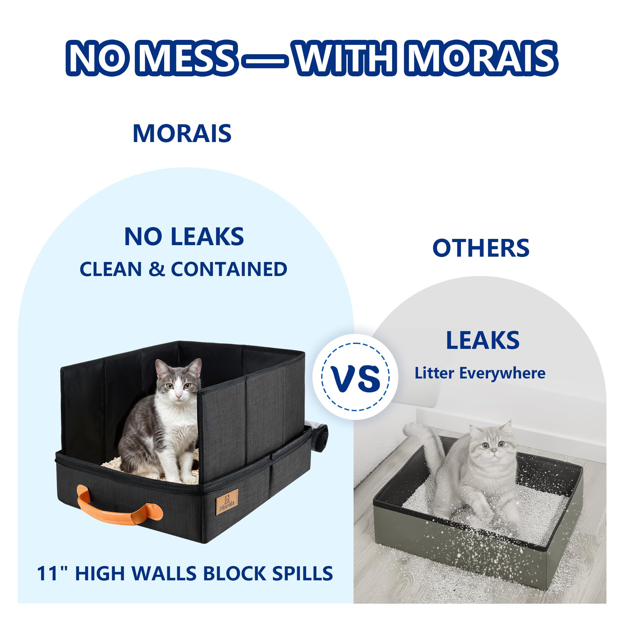 Morais collapsible design with splash guard contains litter and protects privacy.