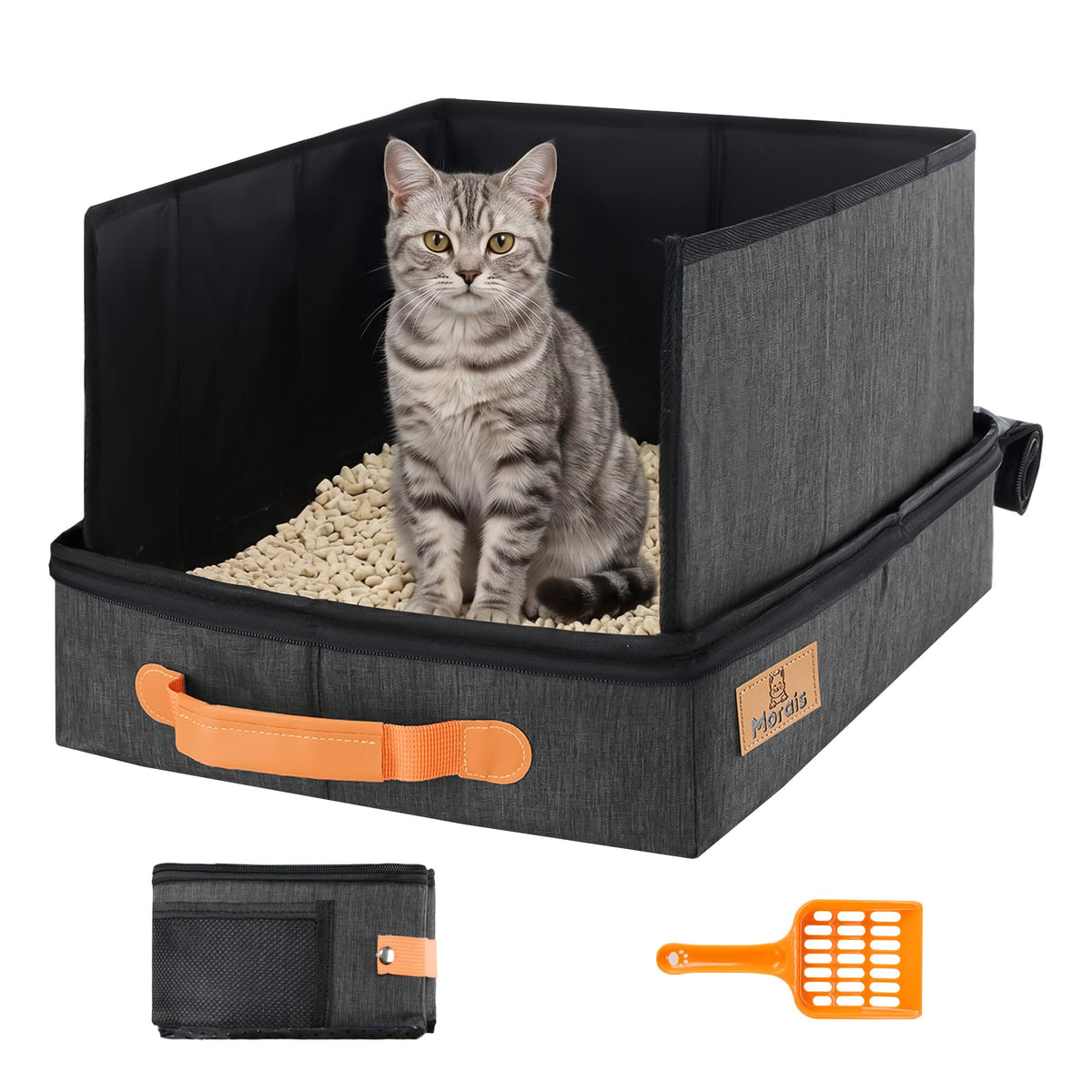 Morais portable travel cat litter box in foldable form, ideal for car and hotel trips.