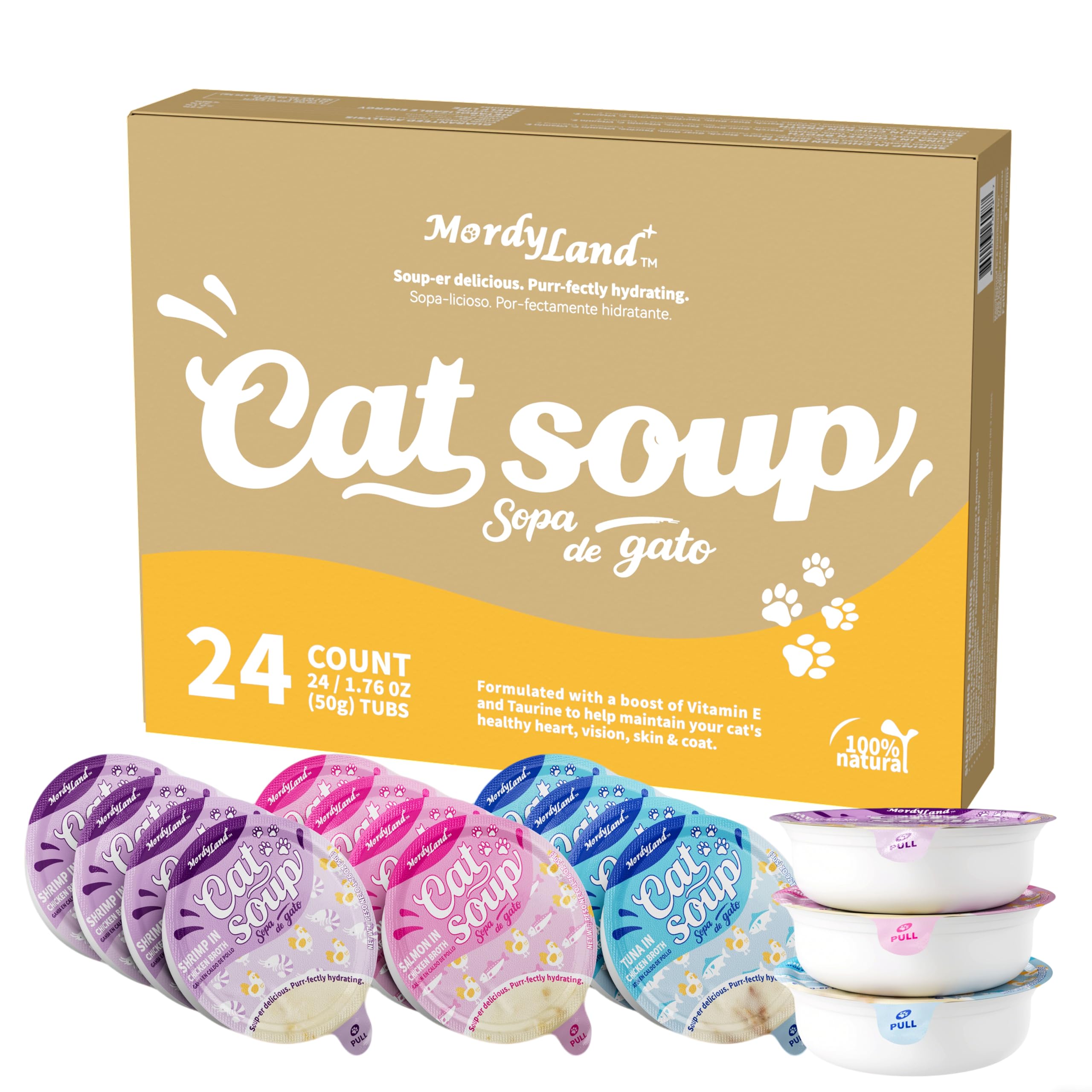 MordyLand Cat Soup Topper with real chicken broth and salmon pieces boosts flavor and hydration.