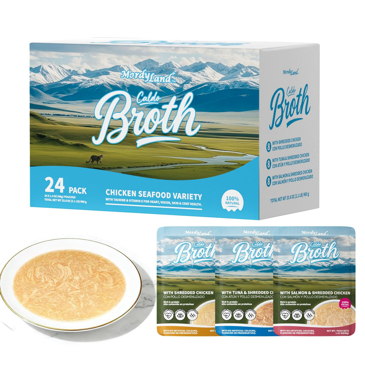 MordyLand Shredded Chicken in Broth pouch shows real meat for protein variety.