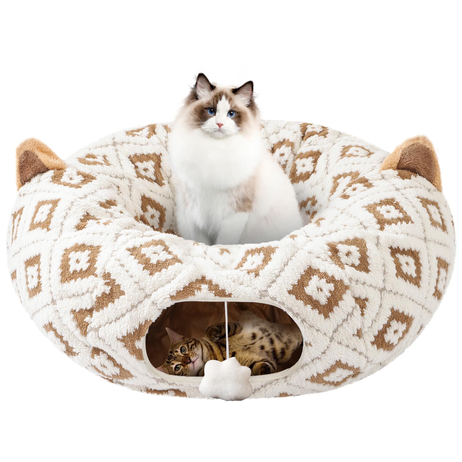 Morikey cat tunnel bed in brown jacquard pattern for cozy lounging