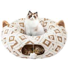 Morikey cat tunnel bed in brown jacquard pattern for cozy lounging