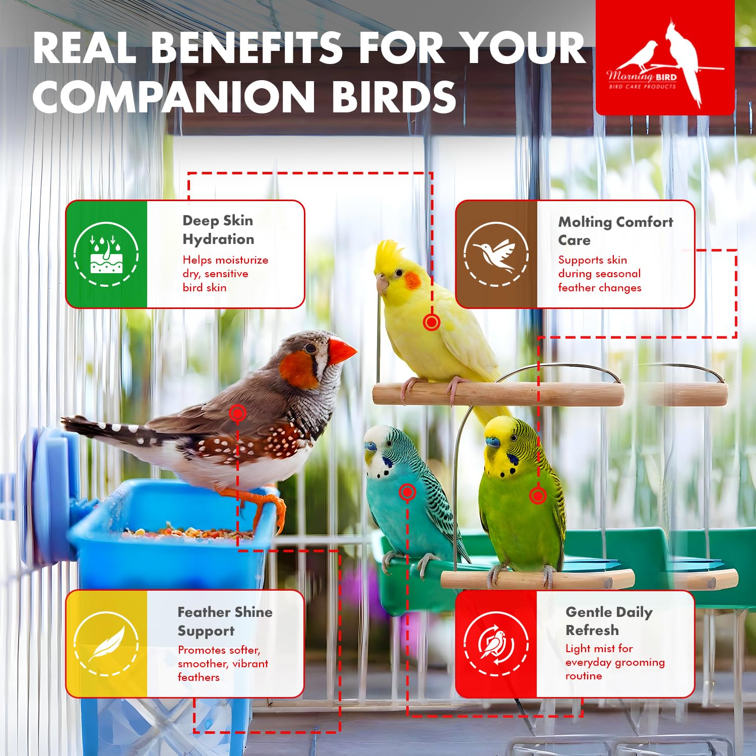 Morning Bird Aloe Vera Spray applied to bird skin for soothing relief.