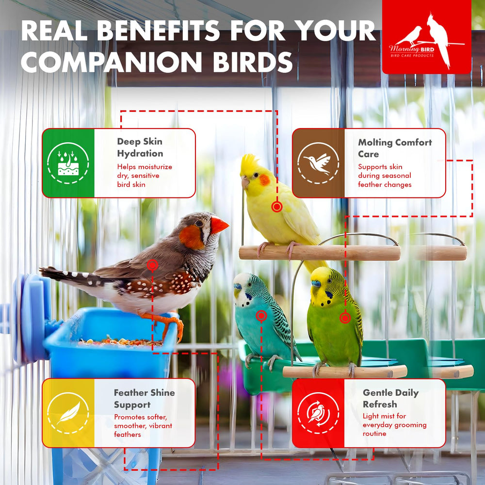 Morning Bird Aloe Vera Spray applied to bird skin for soothing relief.