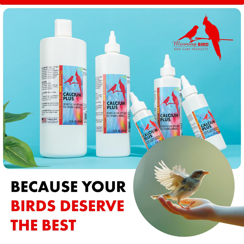 Morning Bird Calcium Plus Liquid 8oz bottle ready for household or aviary use.