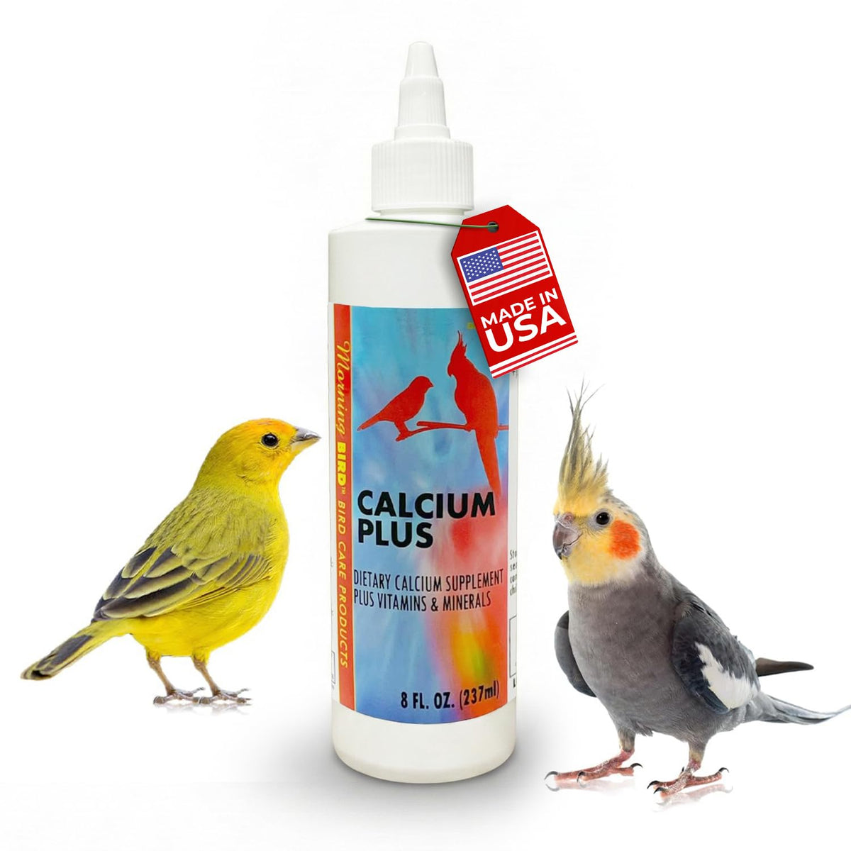 Morning Bird Calcium Plus Liquid bottle angled for easy dosing.