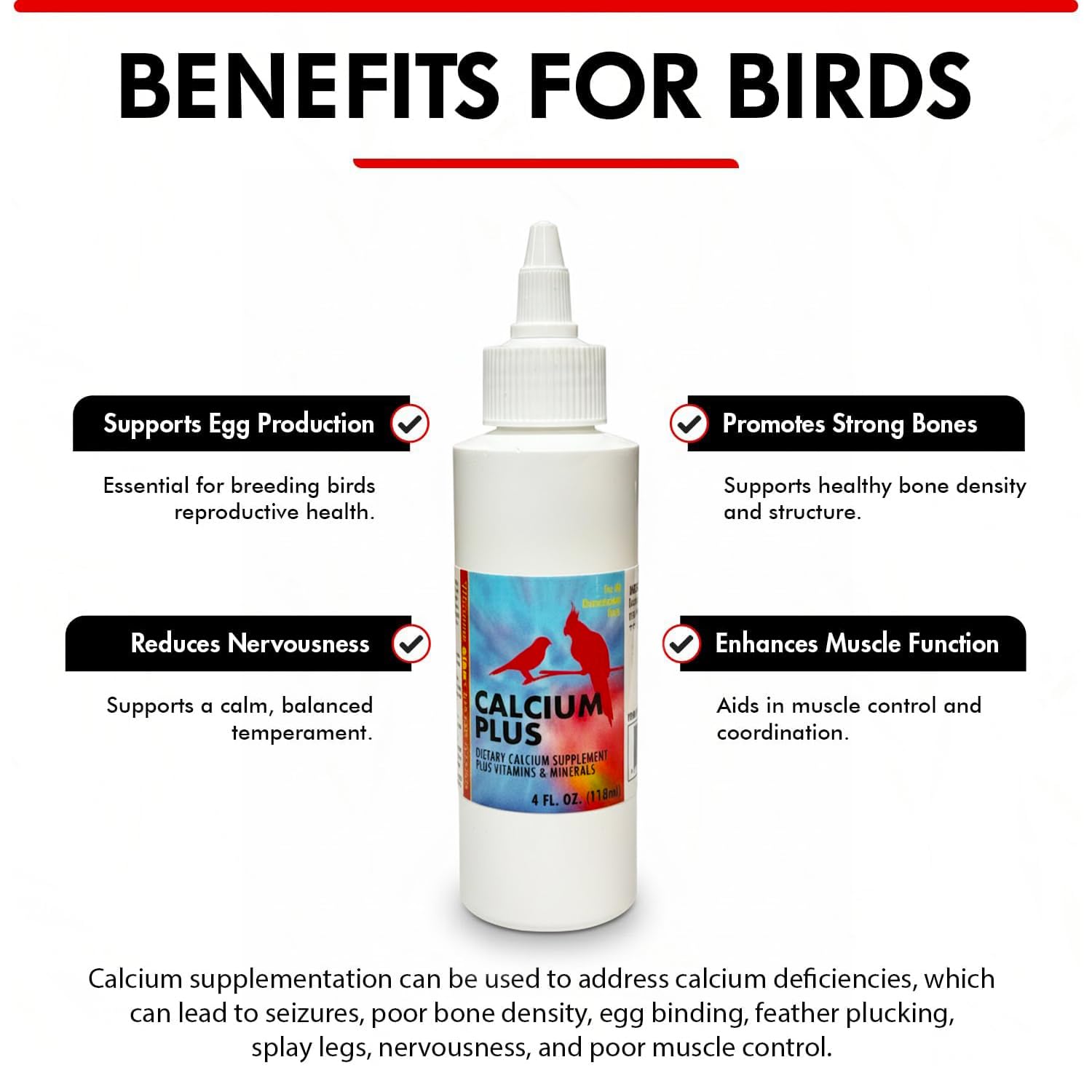 Morning Bird Calcium Plus Liquid hand feeding scene highlights crop administration option.