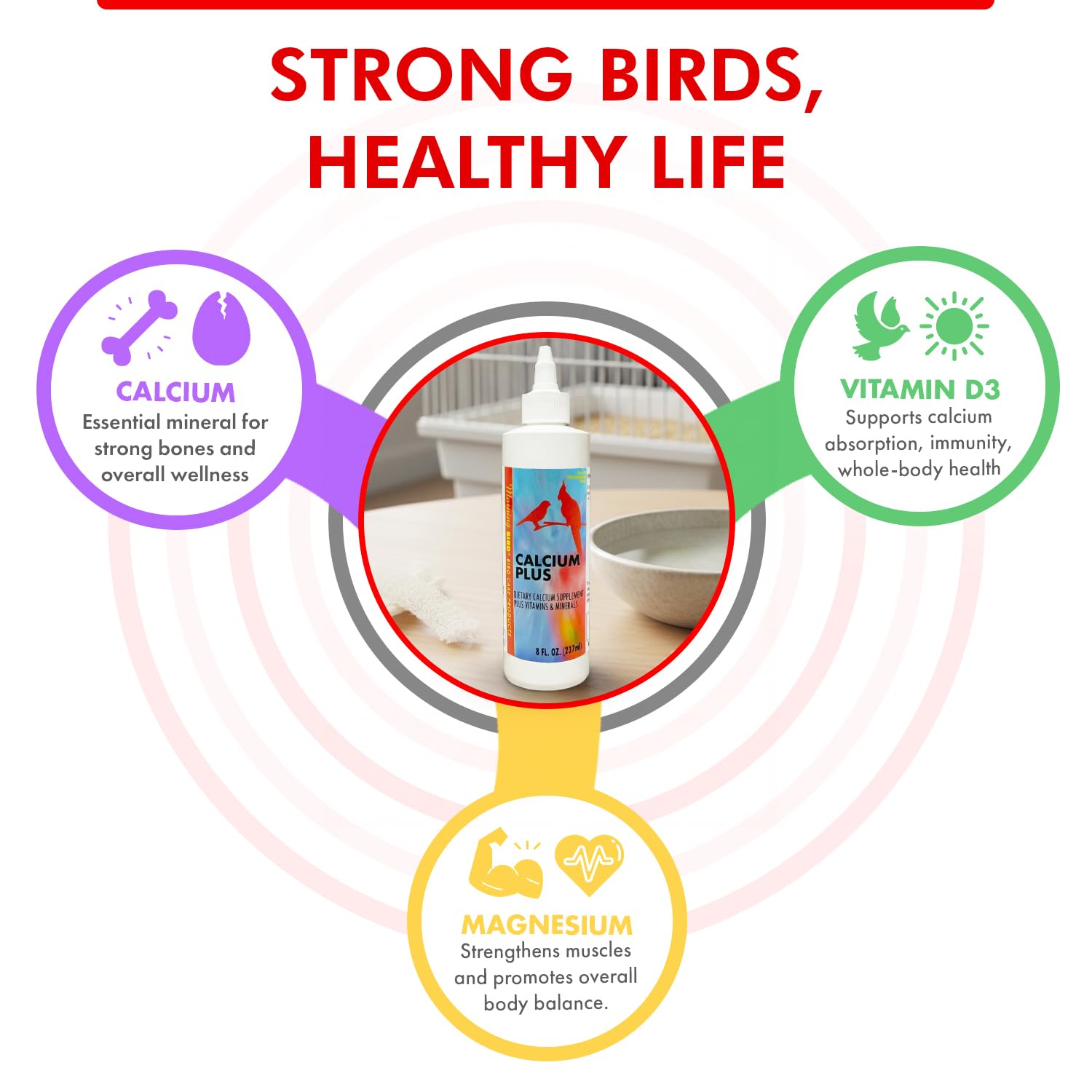 Morning Bird Calcium Plus Liquid being mixed with water for flexible use.