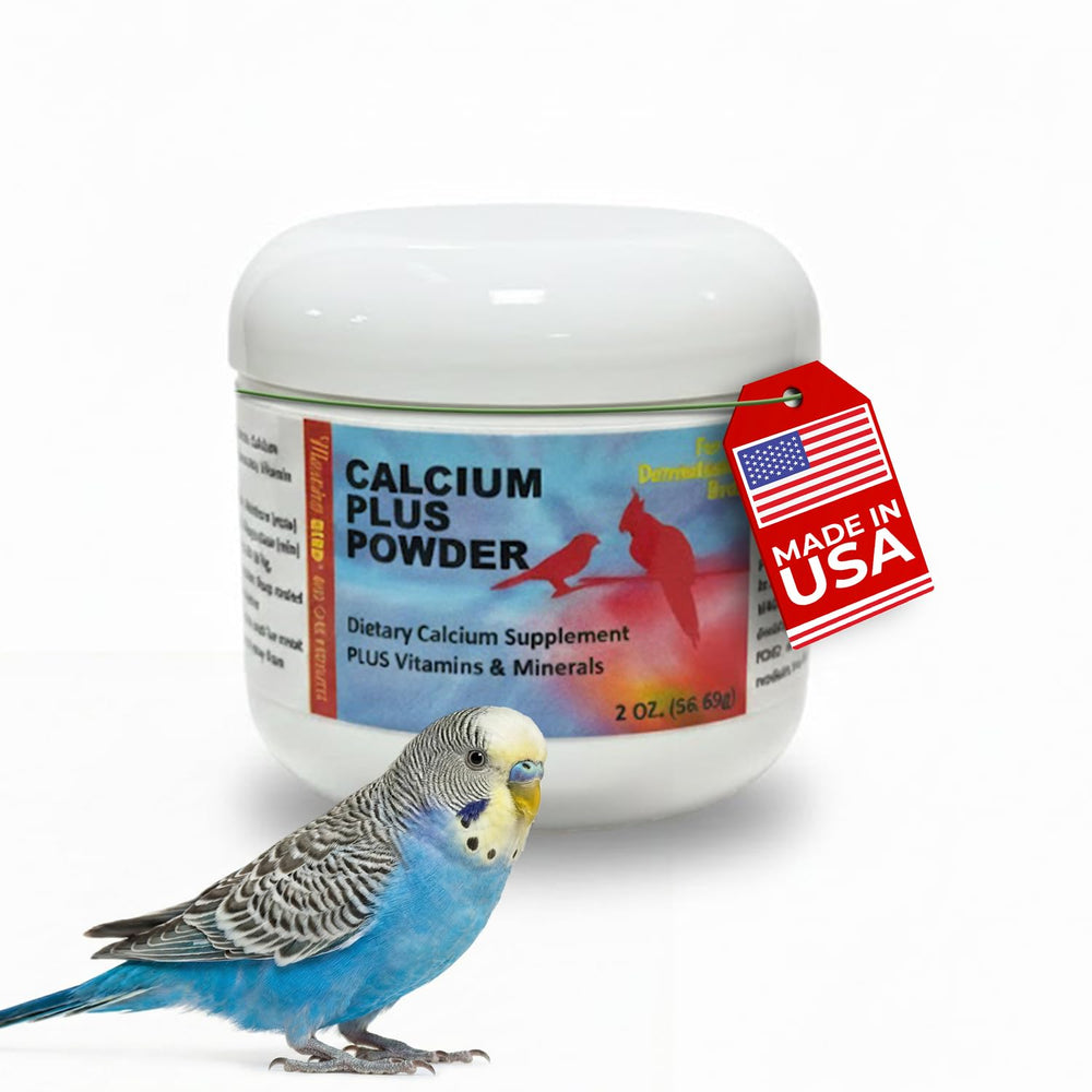 Morning Bird Calcium Plus Powder bottle for bone health and easy mixing in bird diets.