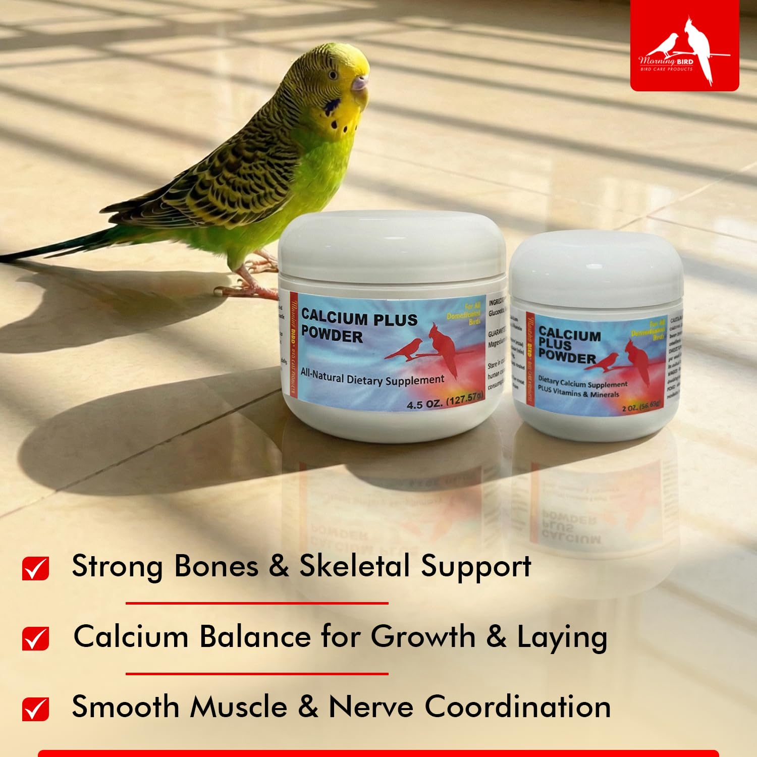 Morning Bird Calcium Plus Powder aids muscle function for balanced movement.