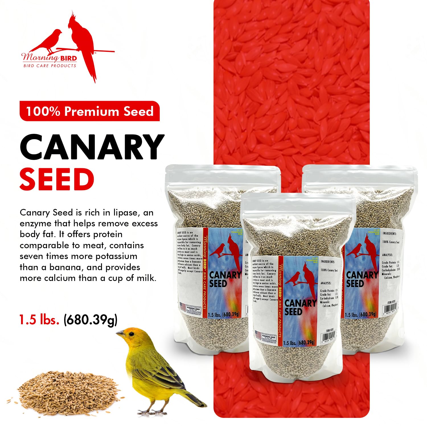 Morning Bird Canary Seed 3-pack bags highlight ready-to-use nutrition for small pet birds
