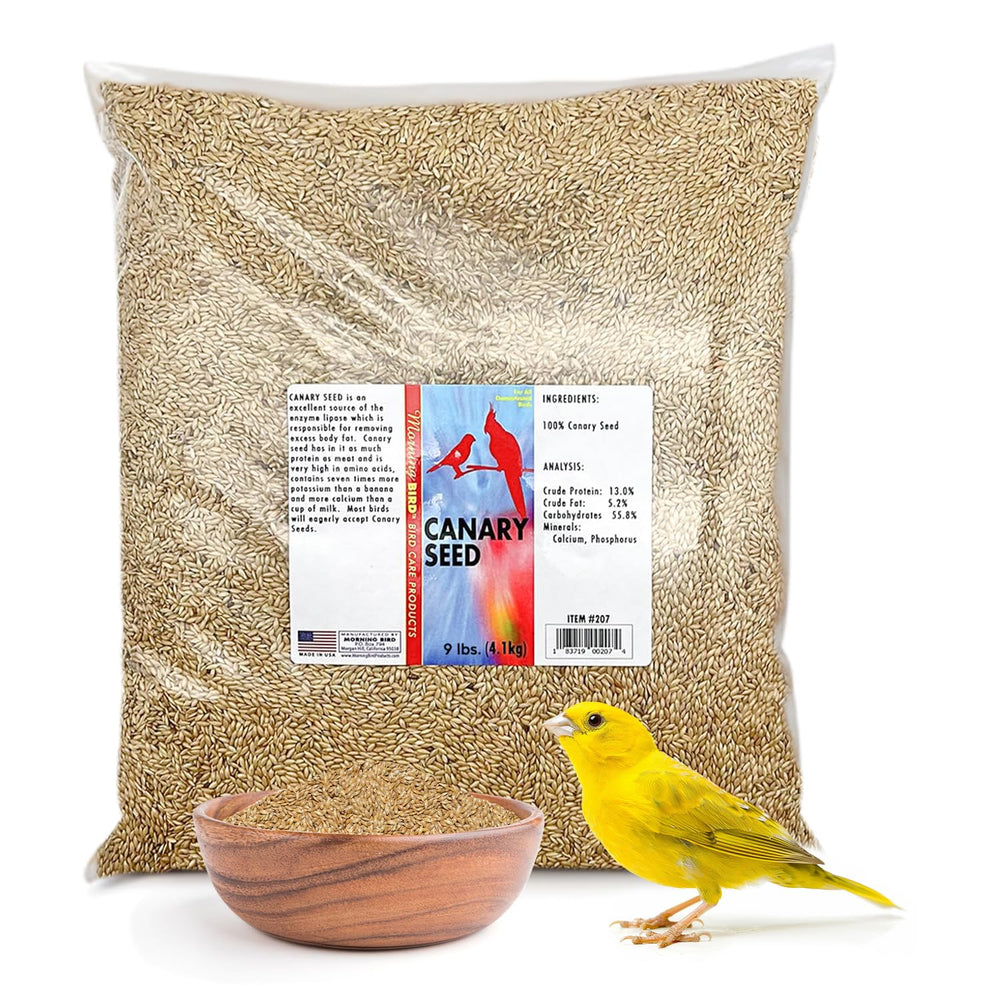 Morning Bird canary seed 9 lb bag shows comprehensive daily nutrition for small birds.
