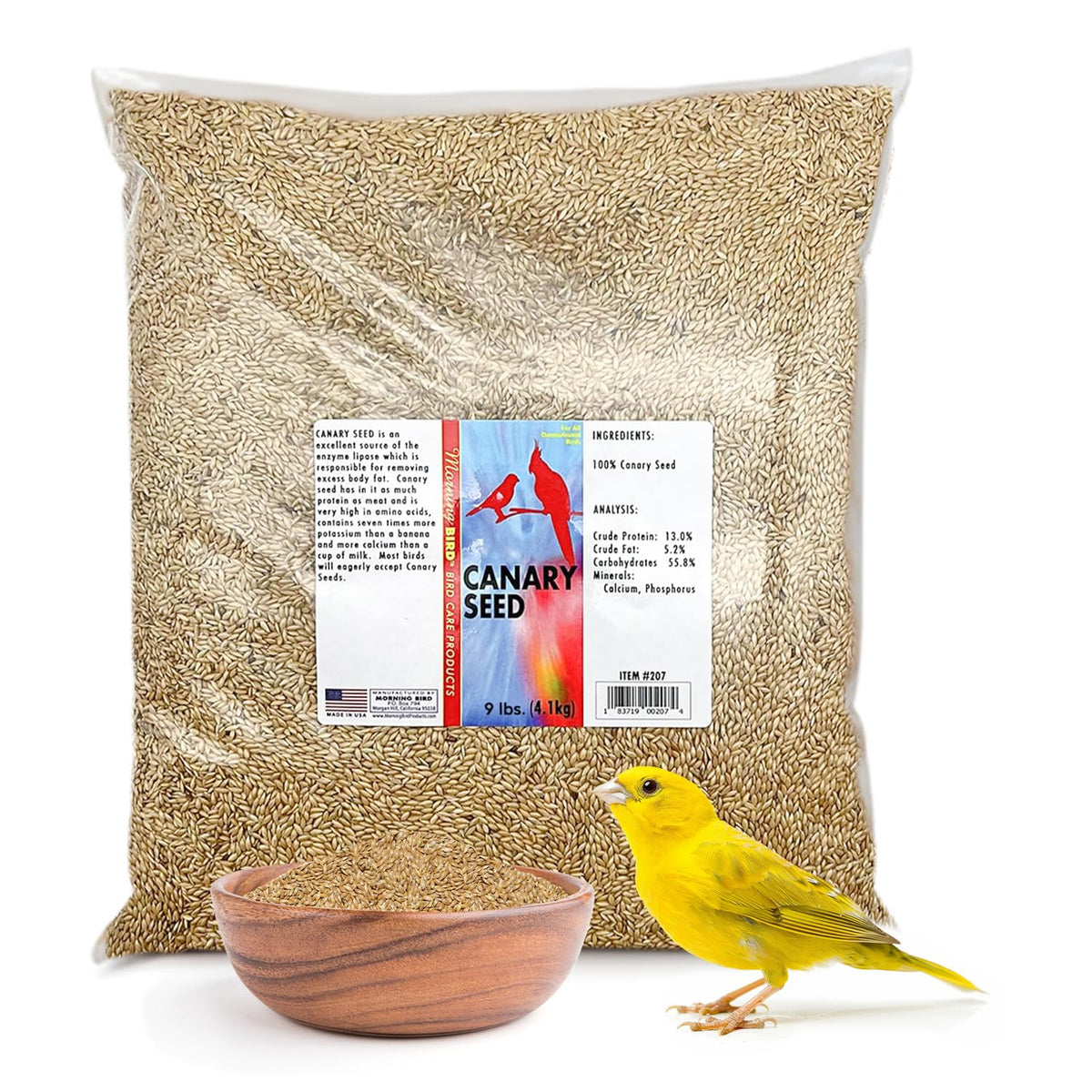 Morning Bird canary seed 9 lb bag shows comprehensive daily nutrition for small birds.