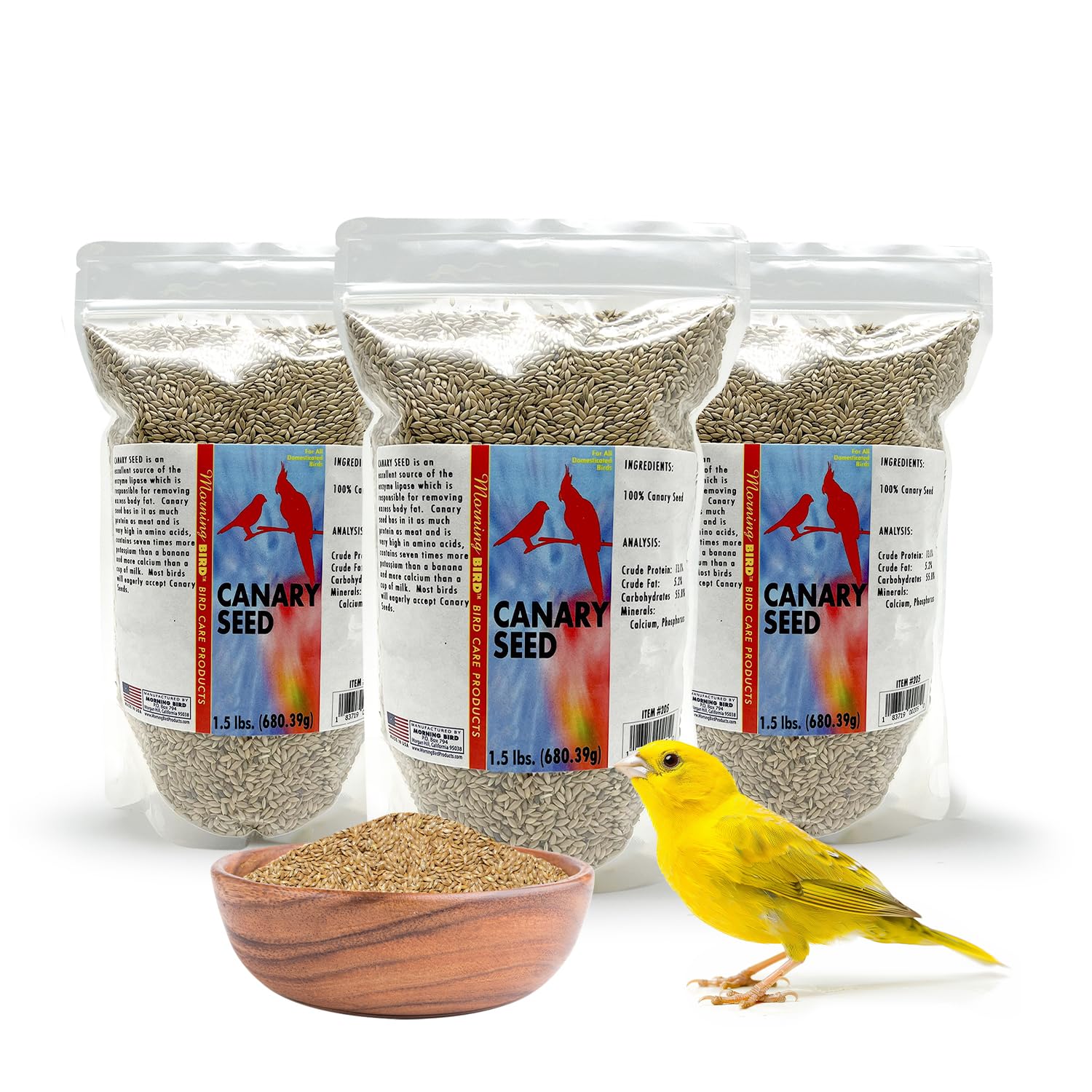 Morning Bird Canary Seed packaging showcases a convenient 3-pack for everyday bird nutrition