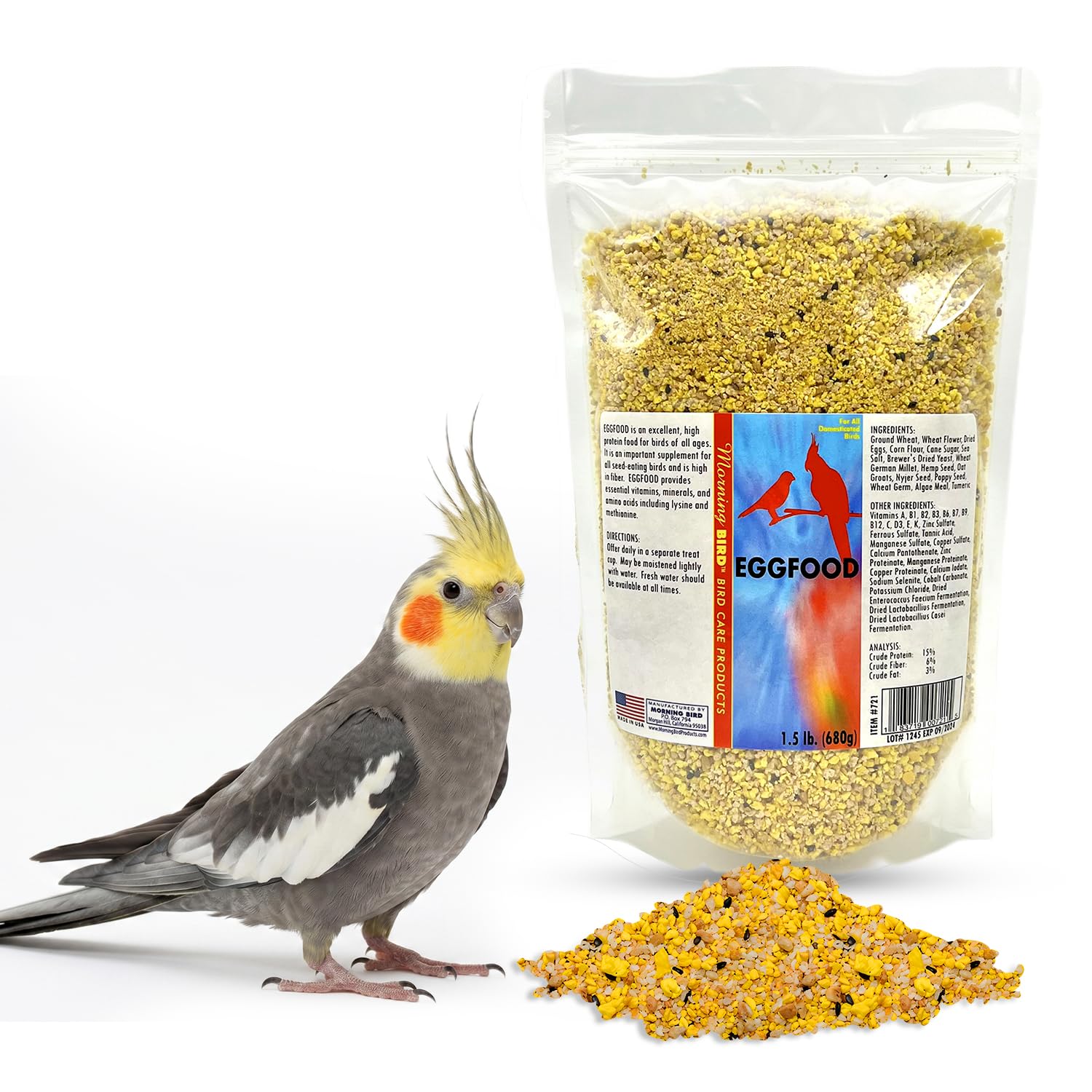Morning Bird Eggfood front packaging highlights protein for healthy growth.