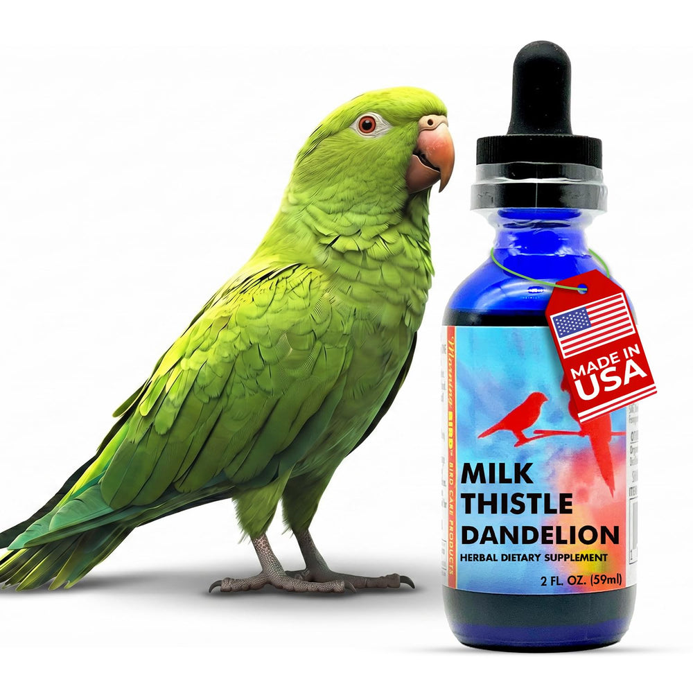 Morning Bird milk-thistle-dandelion bottle-dispense shows easy, controlled dosing for daily bird care