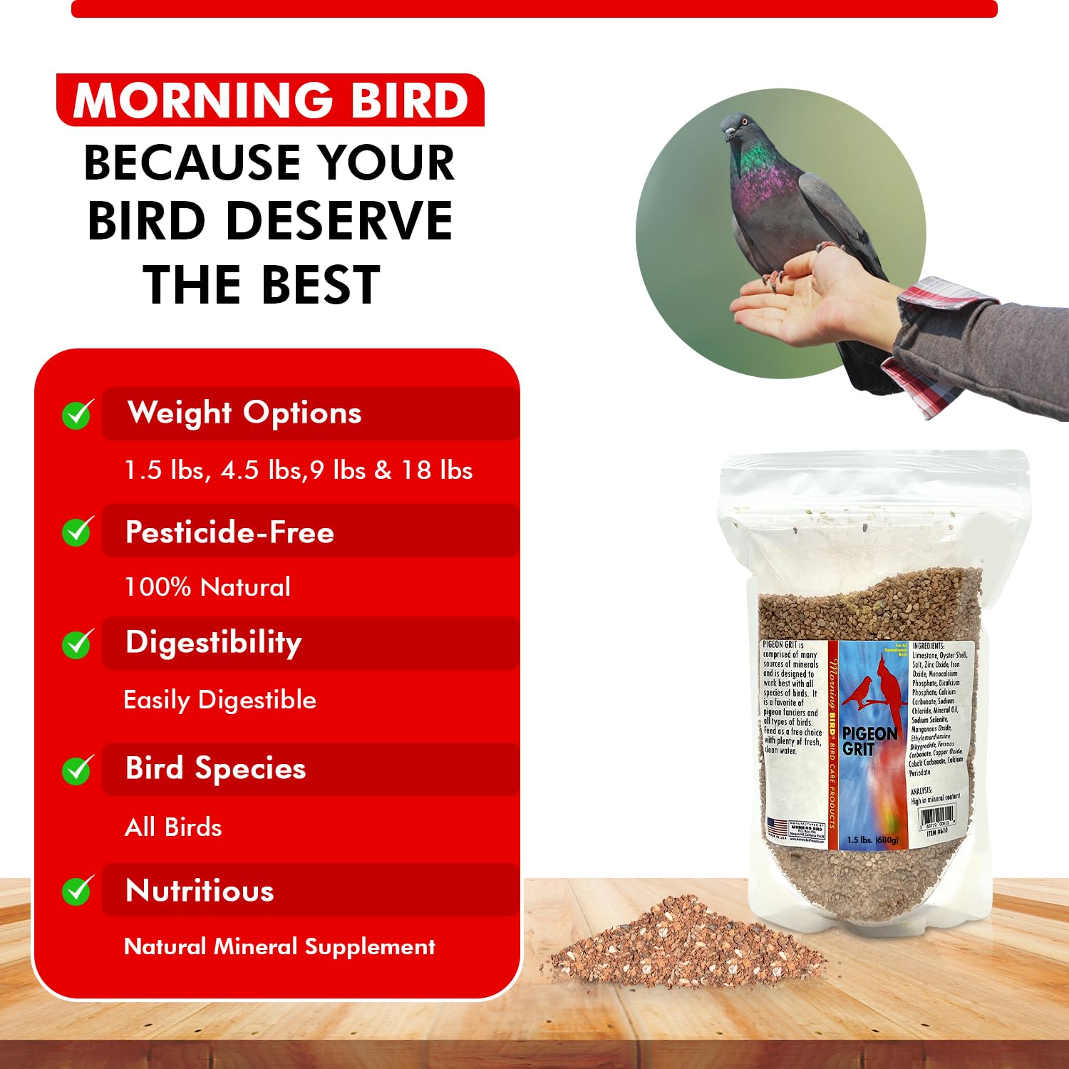 Morning Bird Pigeon Grit bulk-size option visual for flock planning.