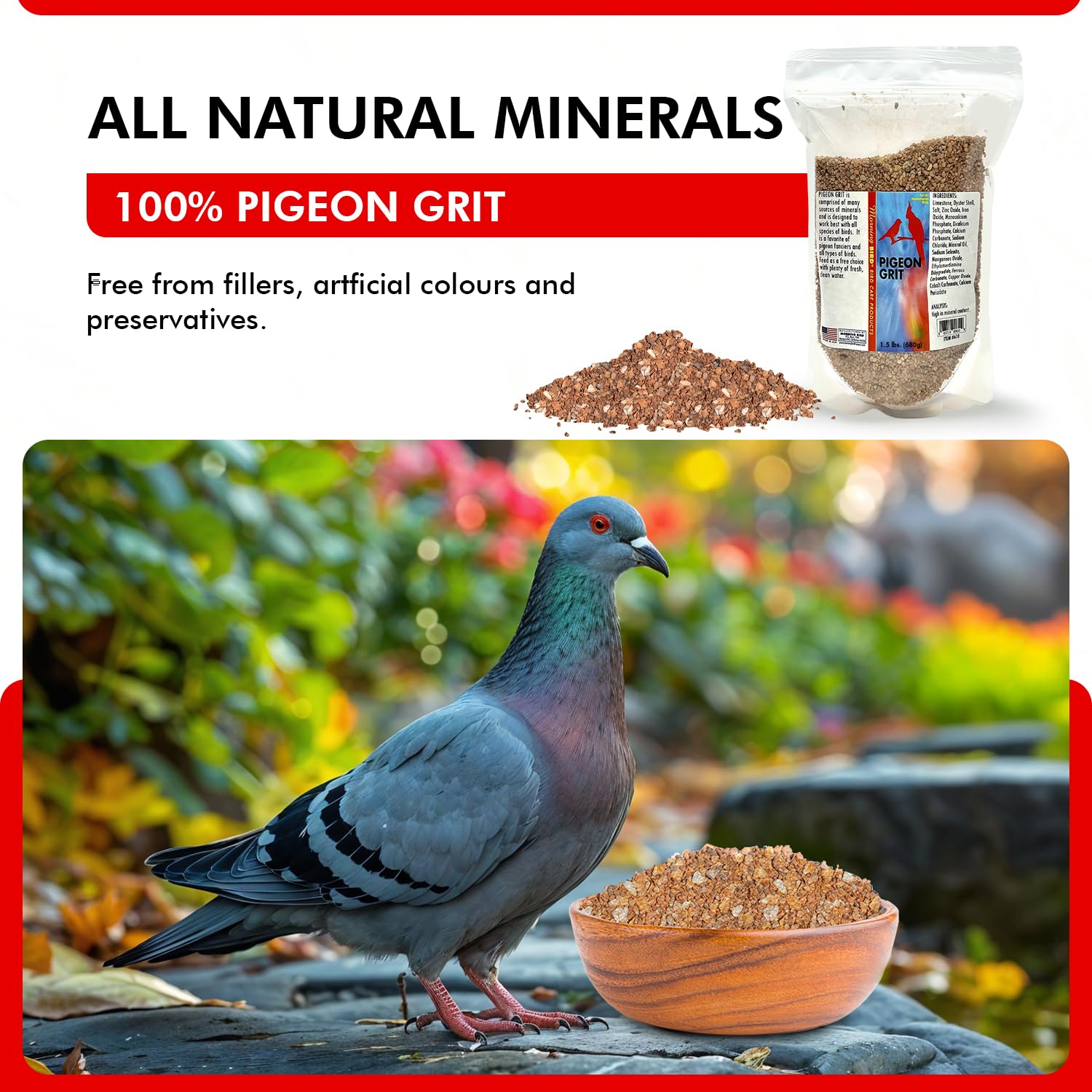 Morning Bird Pigeon Grit fresh bag on shelf signaling consistent freshness.