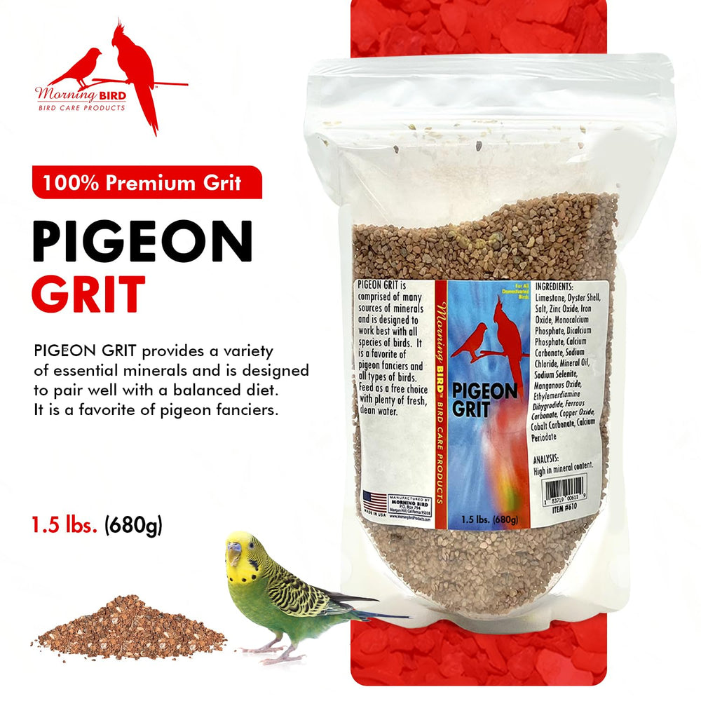 Morning Bird Pigeon Grit ingredients close-up highlighting mineral-rich formula.