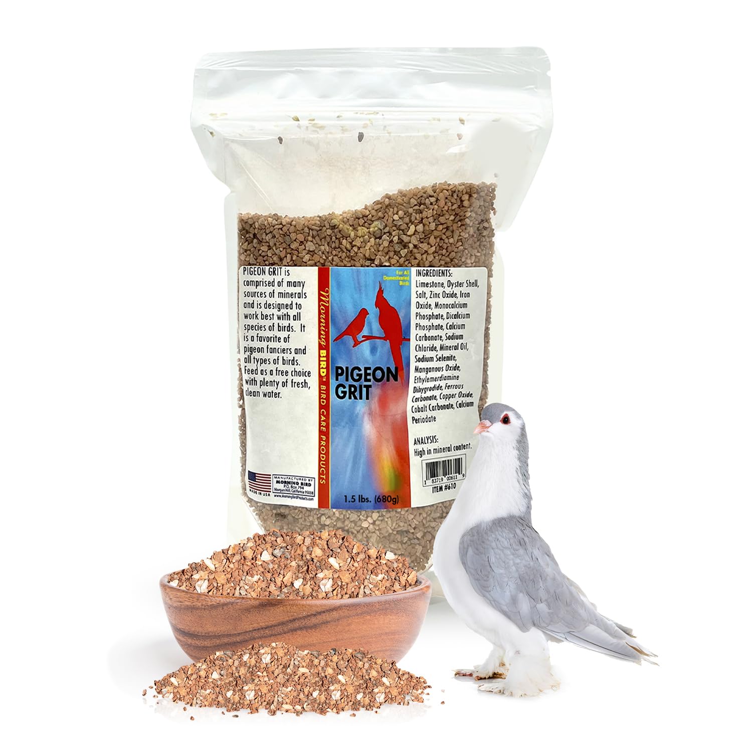 Morning Bird Pigeon Grit packaging bag showing resealable design for freshness.