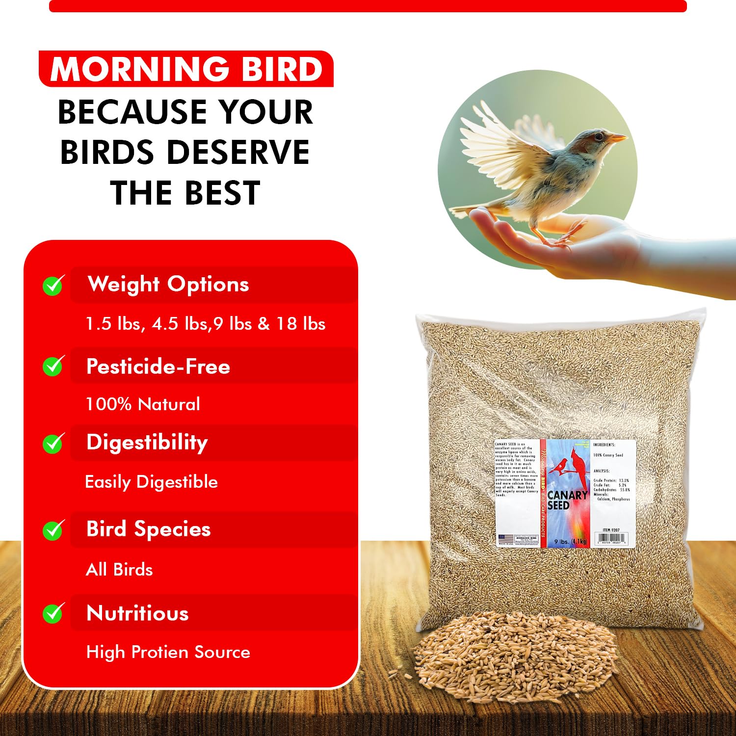 Morning Bird seed bag-label-logo aids recognition and trust for canary owners.