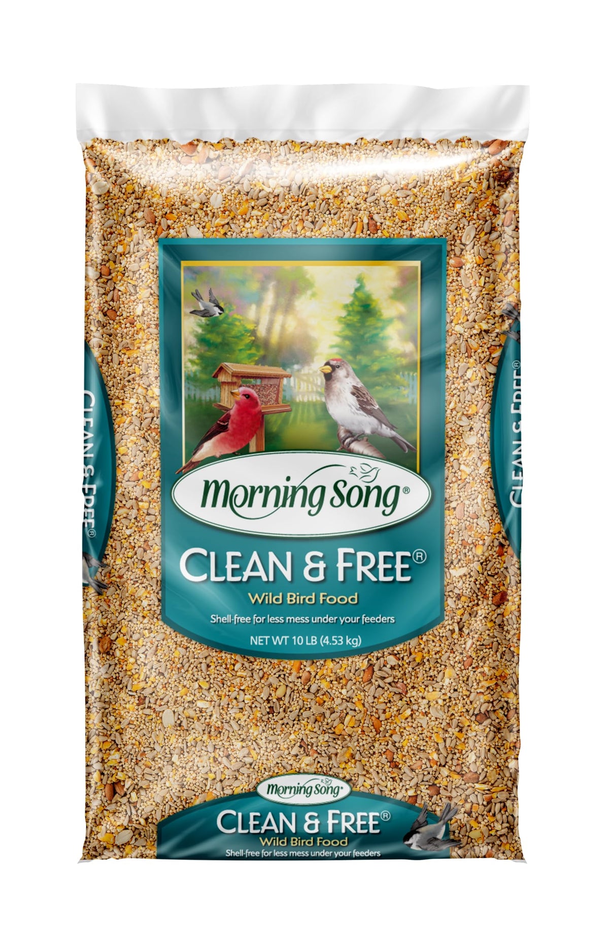 Morning Song clean free seed bag shows a neat, shell-free blend for easy backyard feeding.