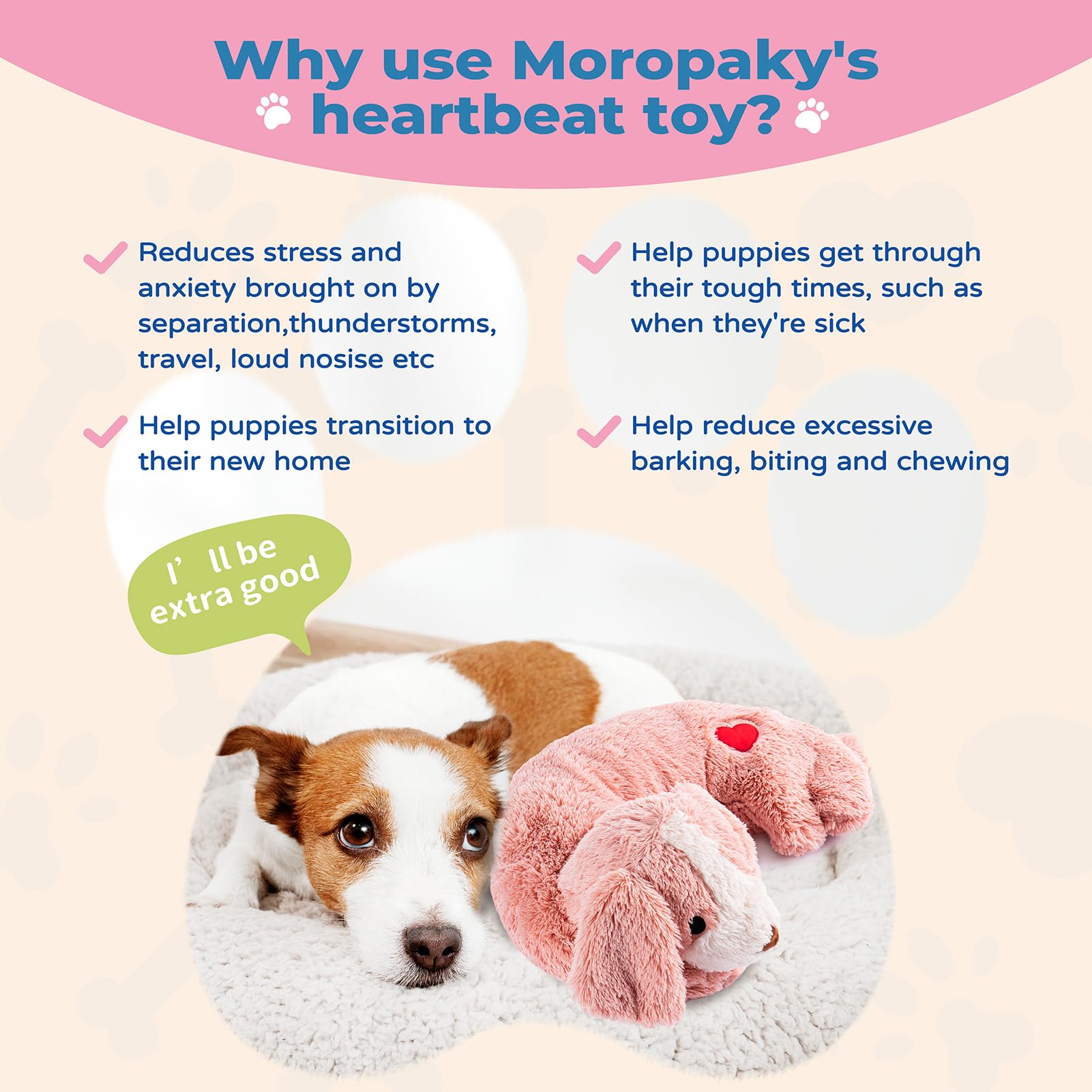 Moropaky crate-training heartbeat toy helps puppies settle in new environments