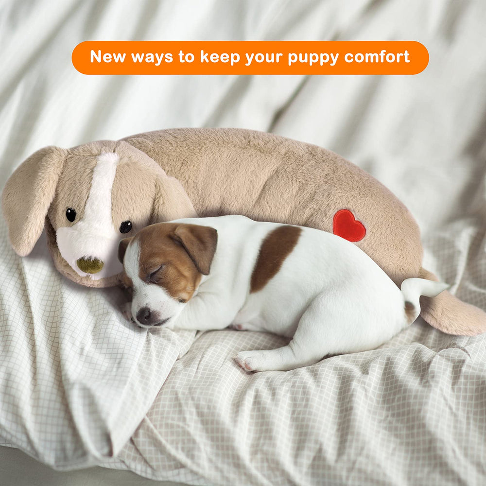 Moropaky puppy heartbeat toy during bedtime snuggle session with soothing cues