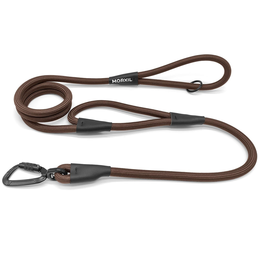 MORXIL rope dog leash with autolocking carabiner for secure one-handed operation.