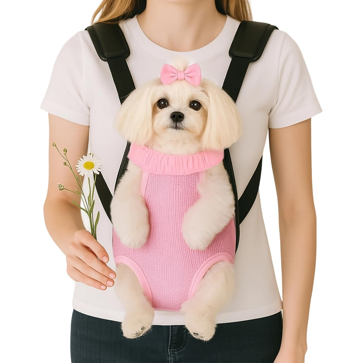 Mosago dog backpack carrier front view showing secure support for small dogs during walks.