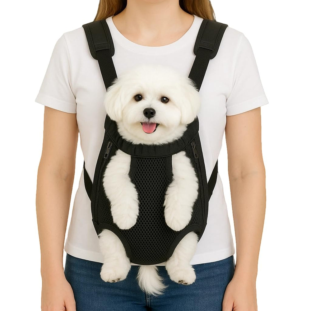 Mosago dog backpack carrier worn on the chest for close interaction during daily walks.