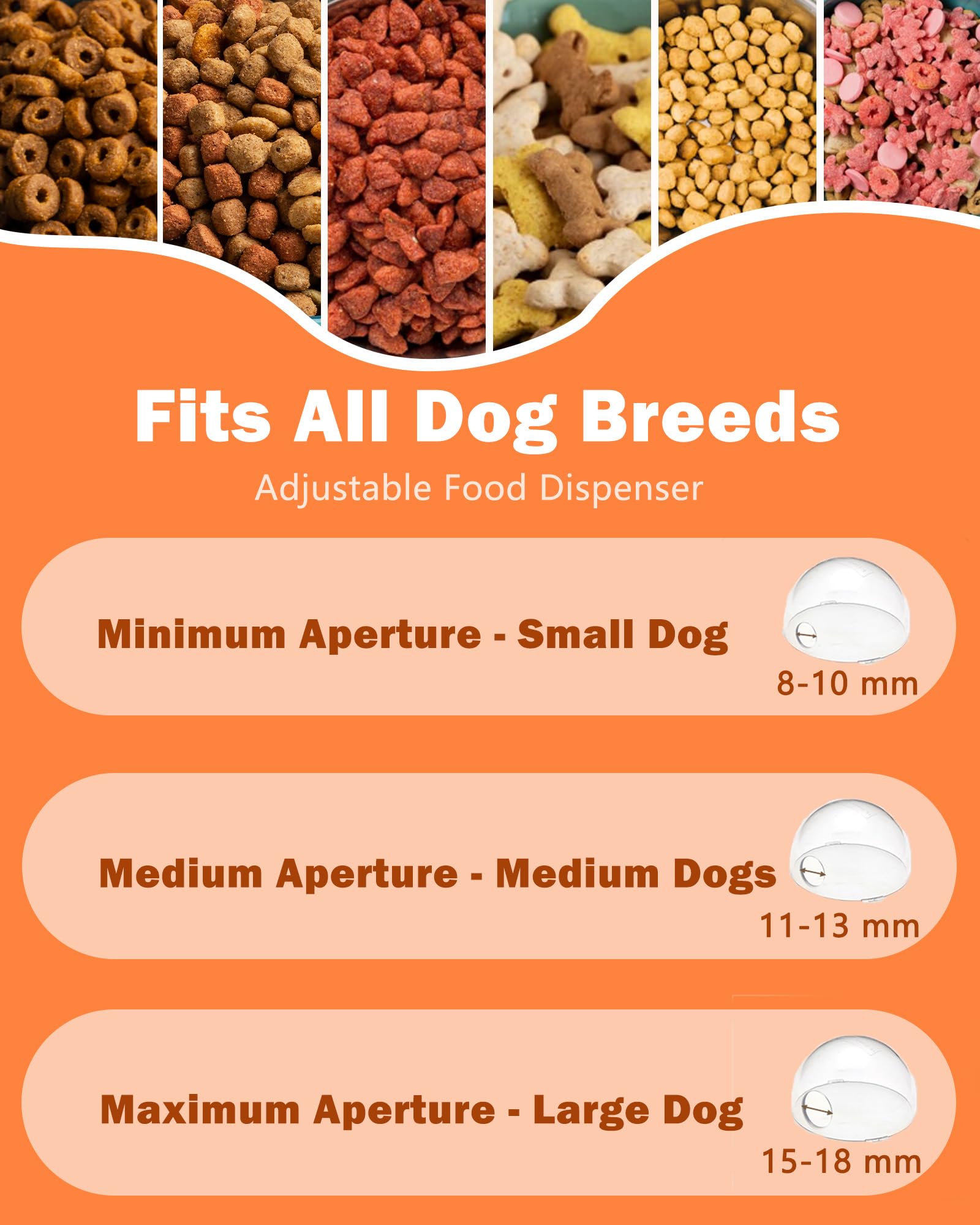 Motiilanco outlet sizes 047-063-079 inches accommodate different kibble sizes.