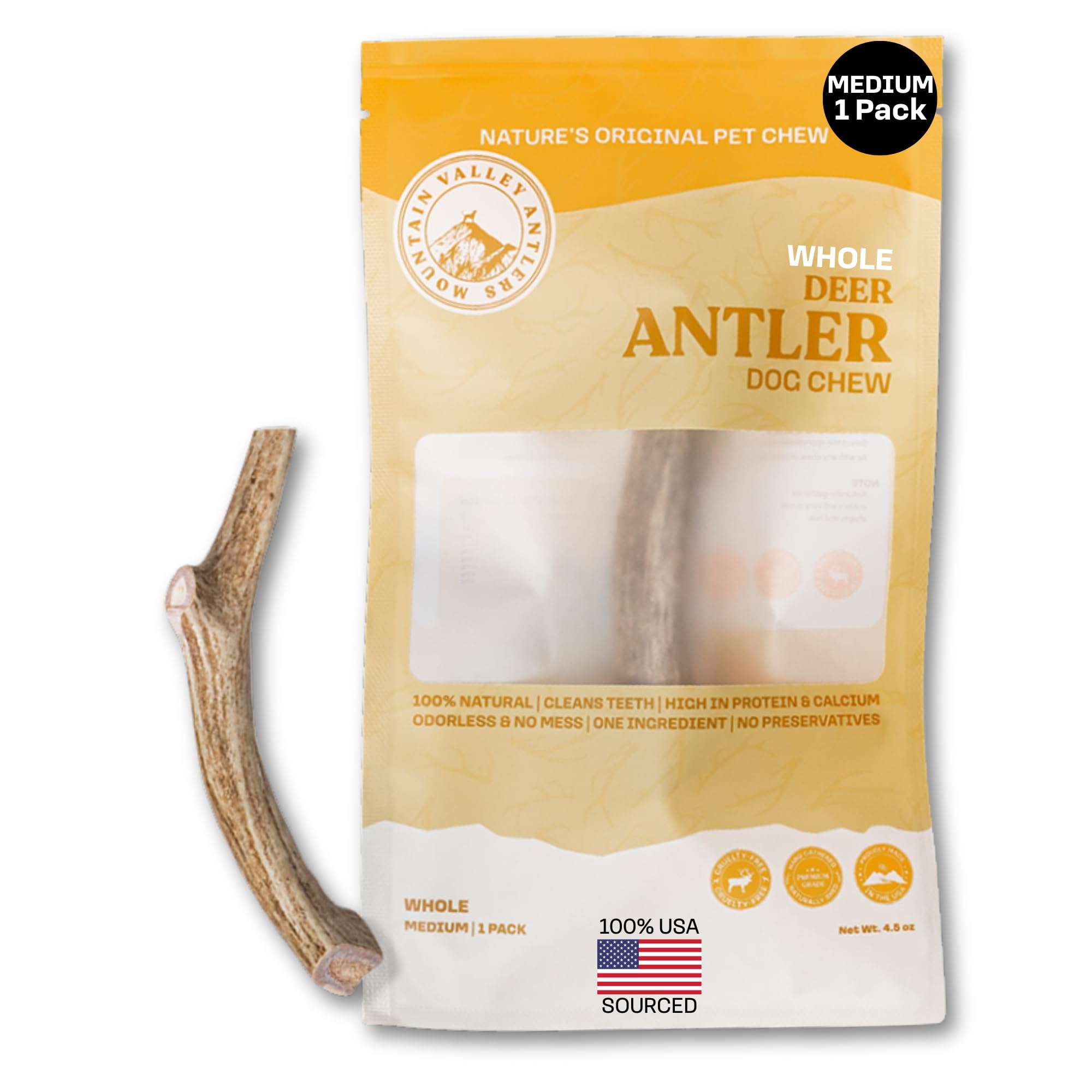 Mountain Valley Antlers packaging close-up highlights an odor-free, long-lasting dog chew.