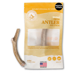 Mountain Valley Antlers packaging close-up highlights an odor-free, long-lasting dog chew.