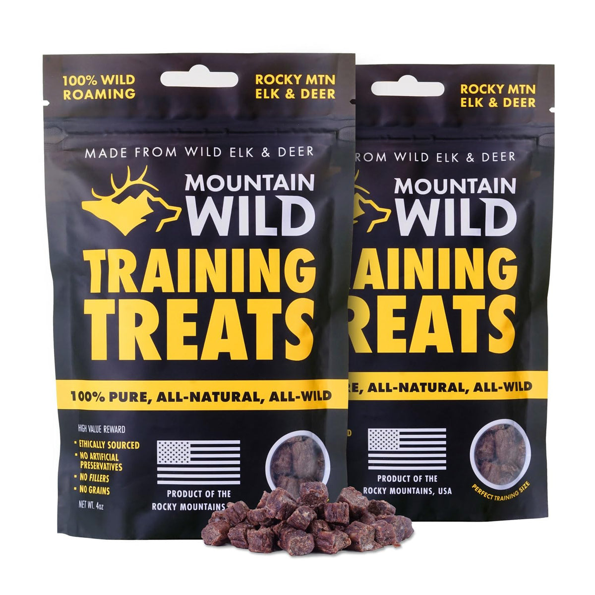 Mountain Wild elk-venison training treats for puppies, high-value reward.