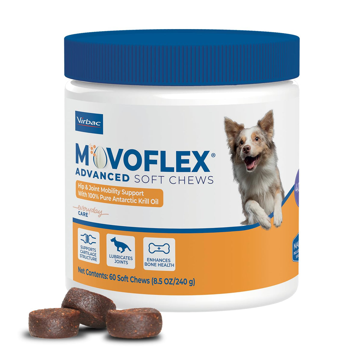 Movoflex Advanced Soft Chews bottle shows convenient daily hip and joint support