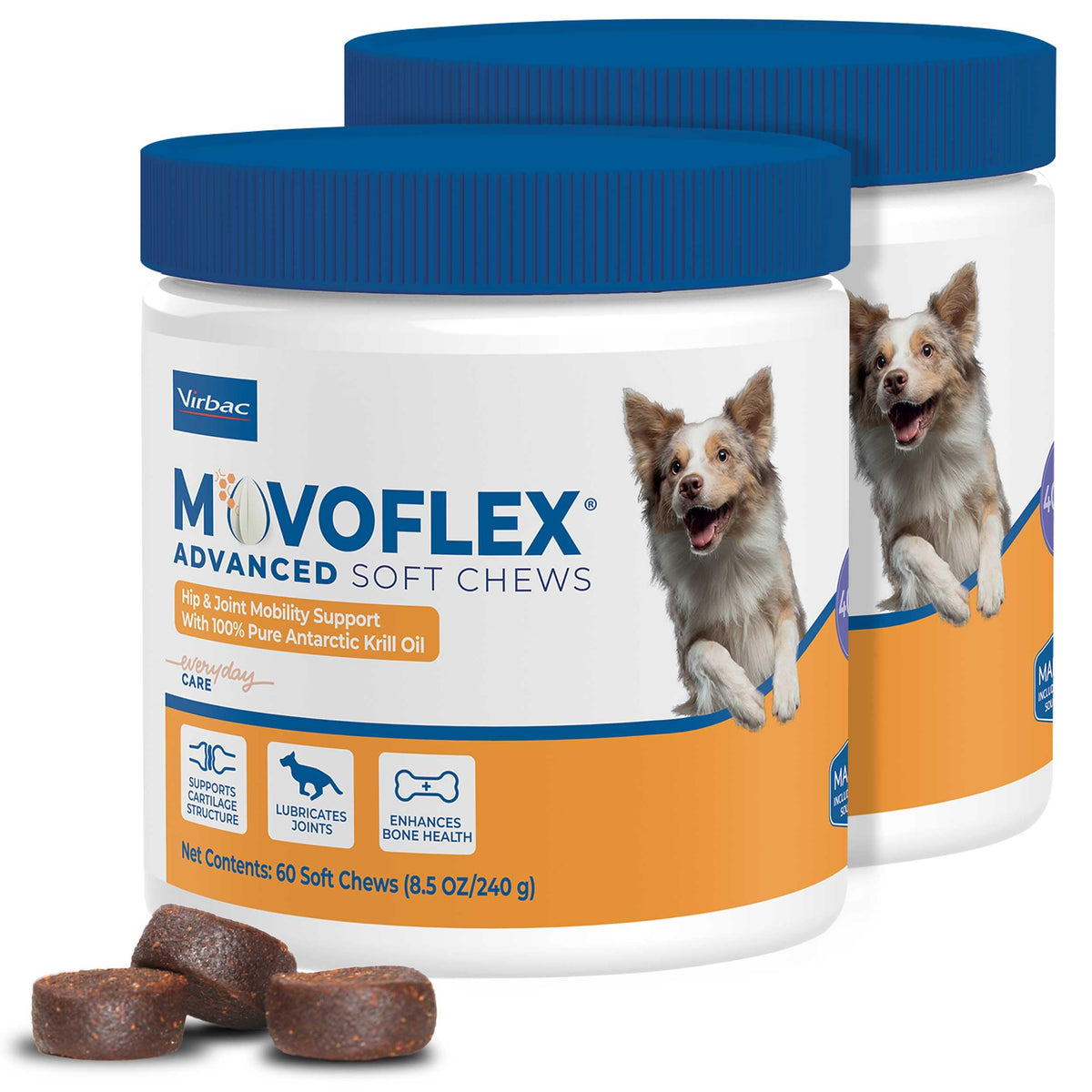 MOVOFLEX Advanced soft chews bottle supports mobility for active medium dogs.