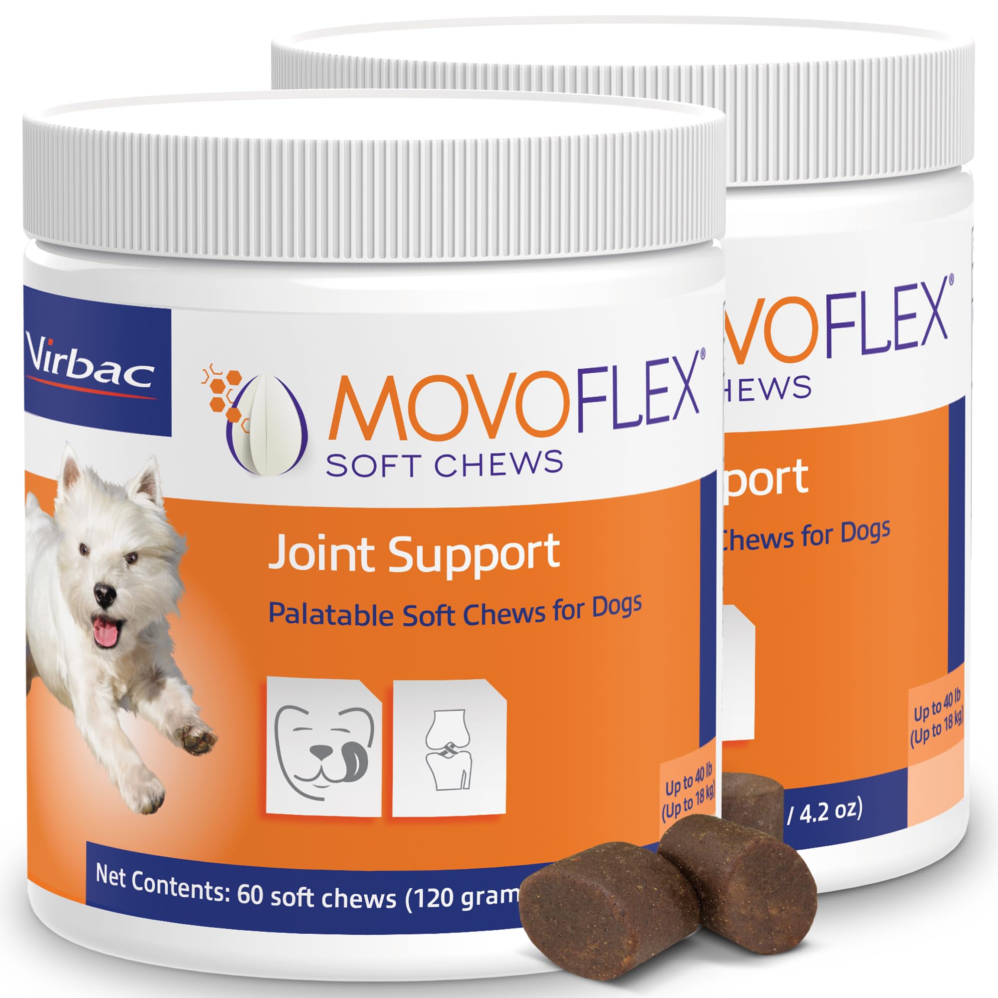 MOVOFLEX Soft Chews bottle closeup highlighting easy dog dosing