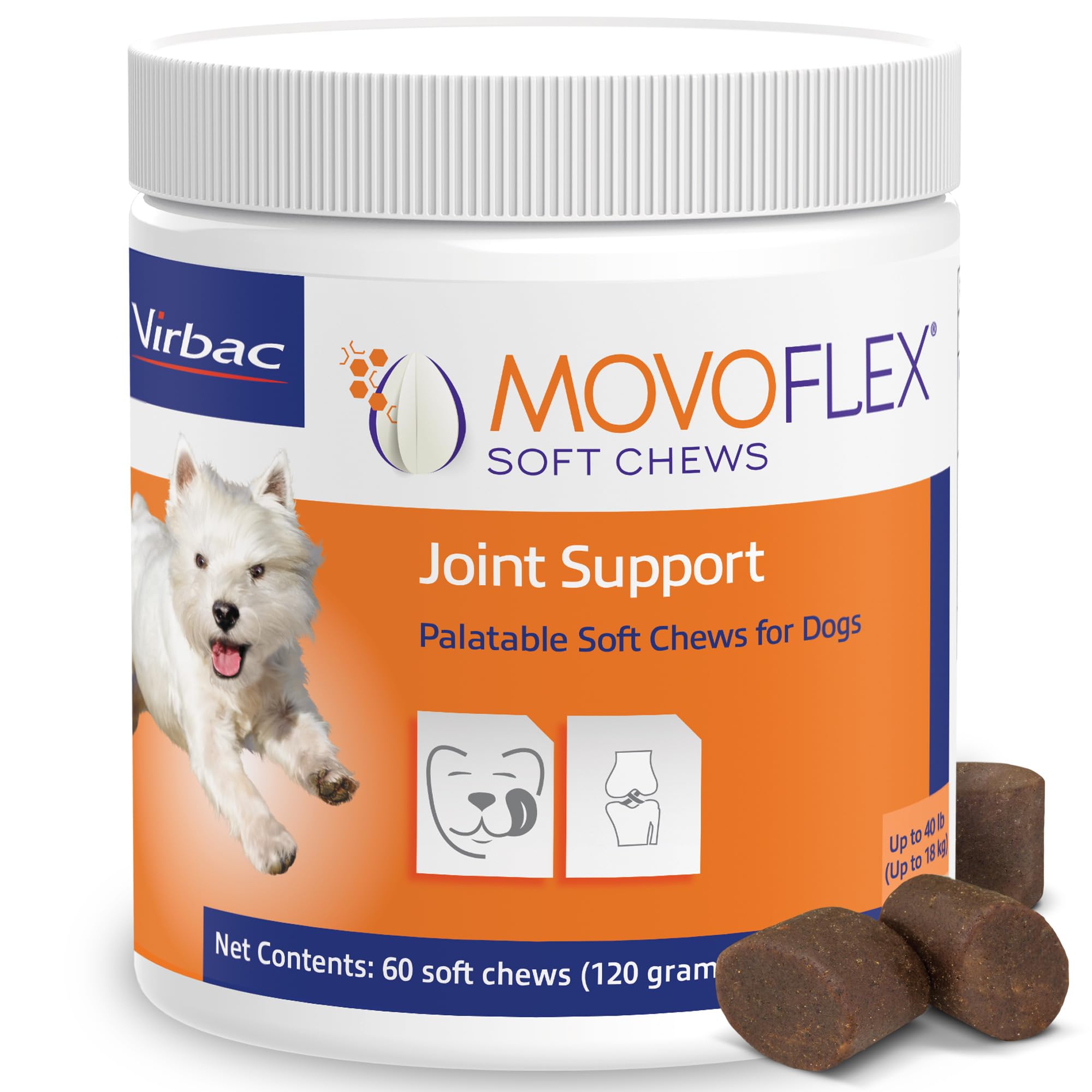 MOVOFLEX soft chews bottle shows vet-approved dog joint support for small breeds.