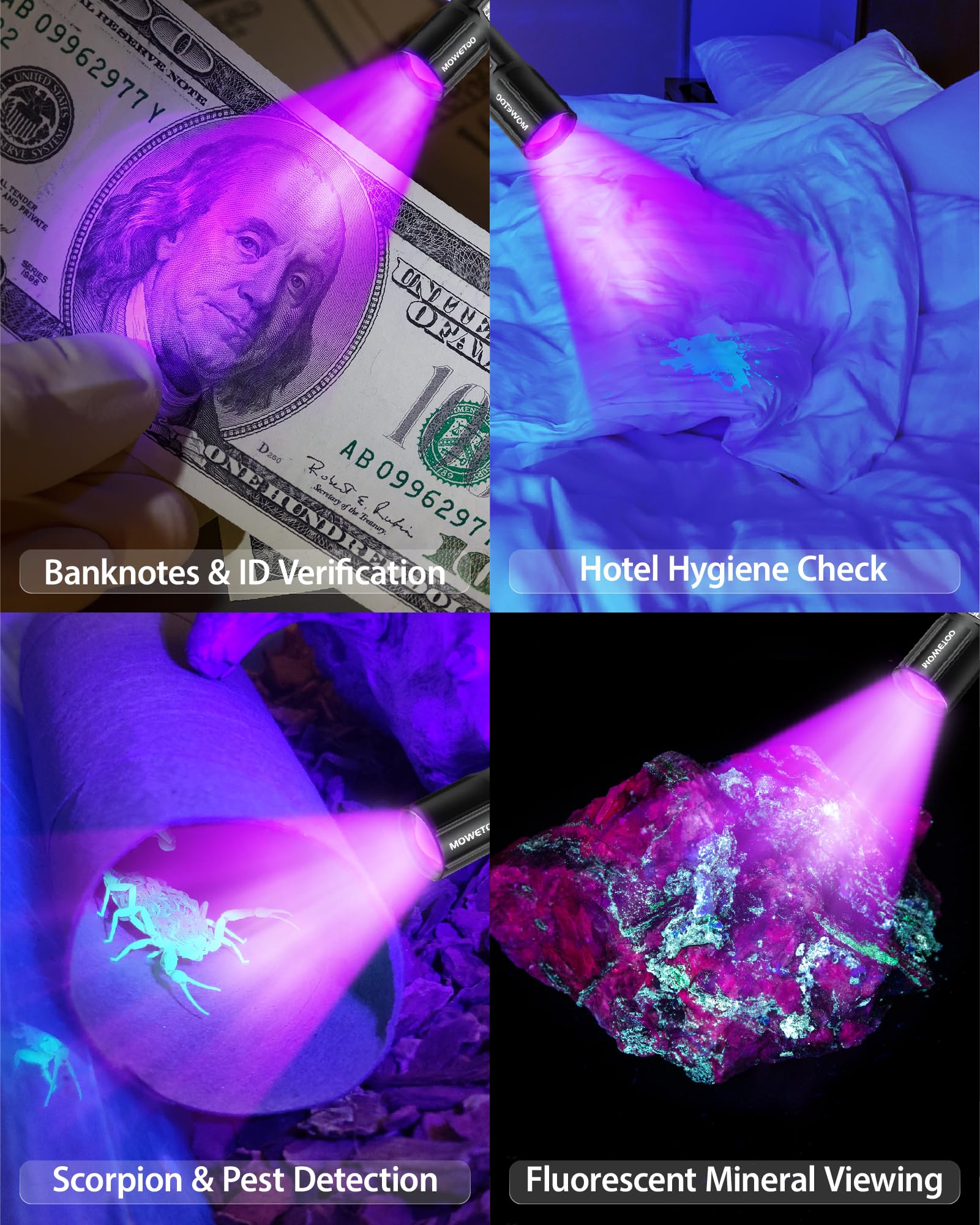 MOWETOO Black Light Flashlight dual 395nm UV and white light in action.